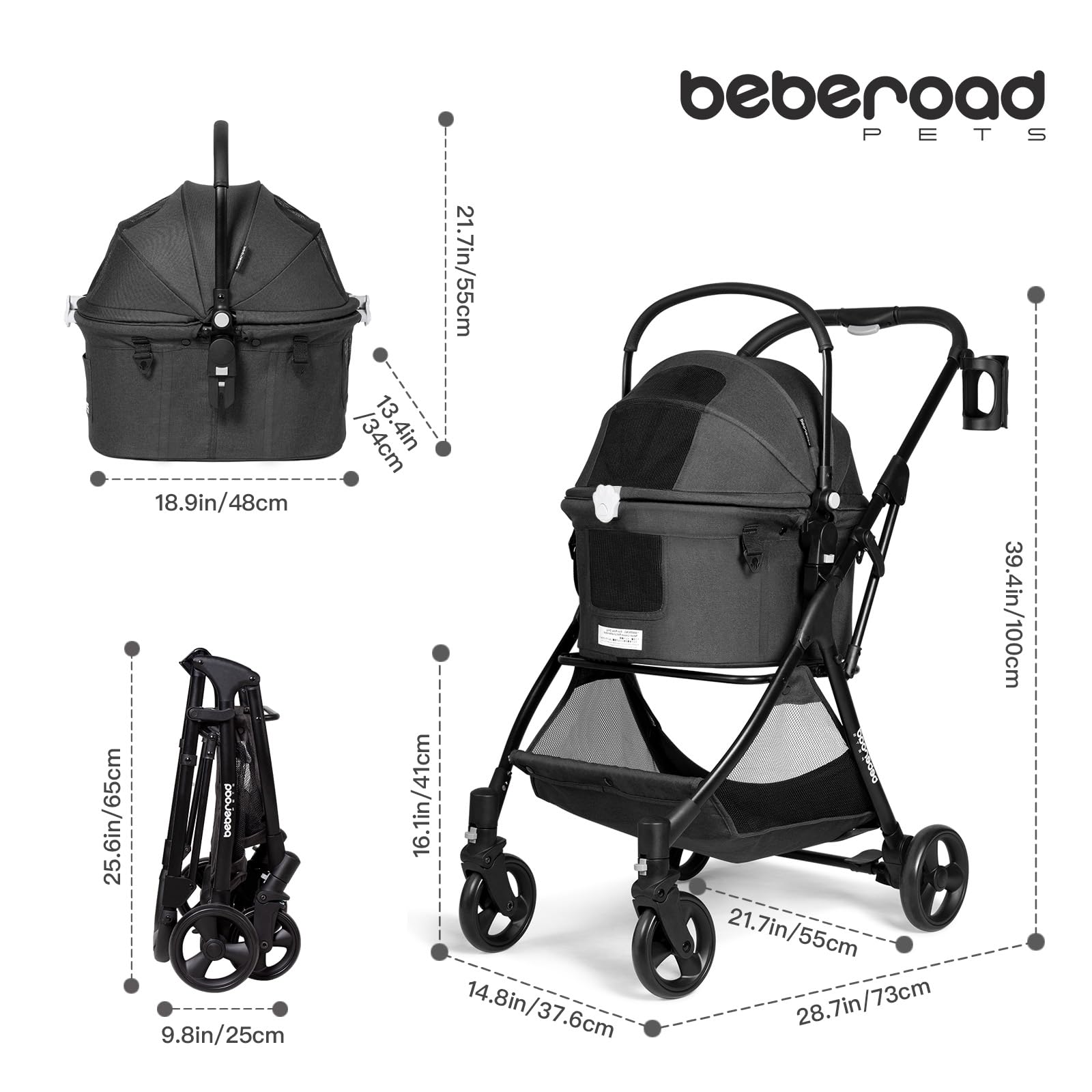 R5 Medium Pet Stroller for Small Dogs & Cats - 180° Canopy, 3-in-1 Convertible Design with Removable Carrier - Lightweight & Foldable for Walking, Jogging & Travel (Black) - Perfect for Park Visits, Shopping & Outdoor Adventures