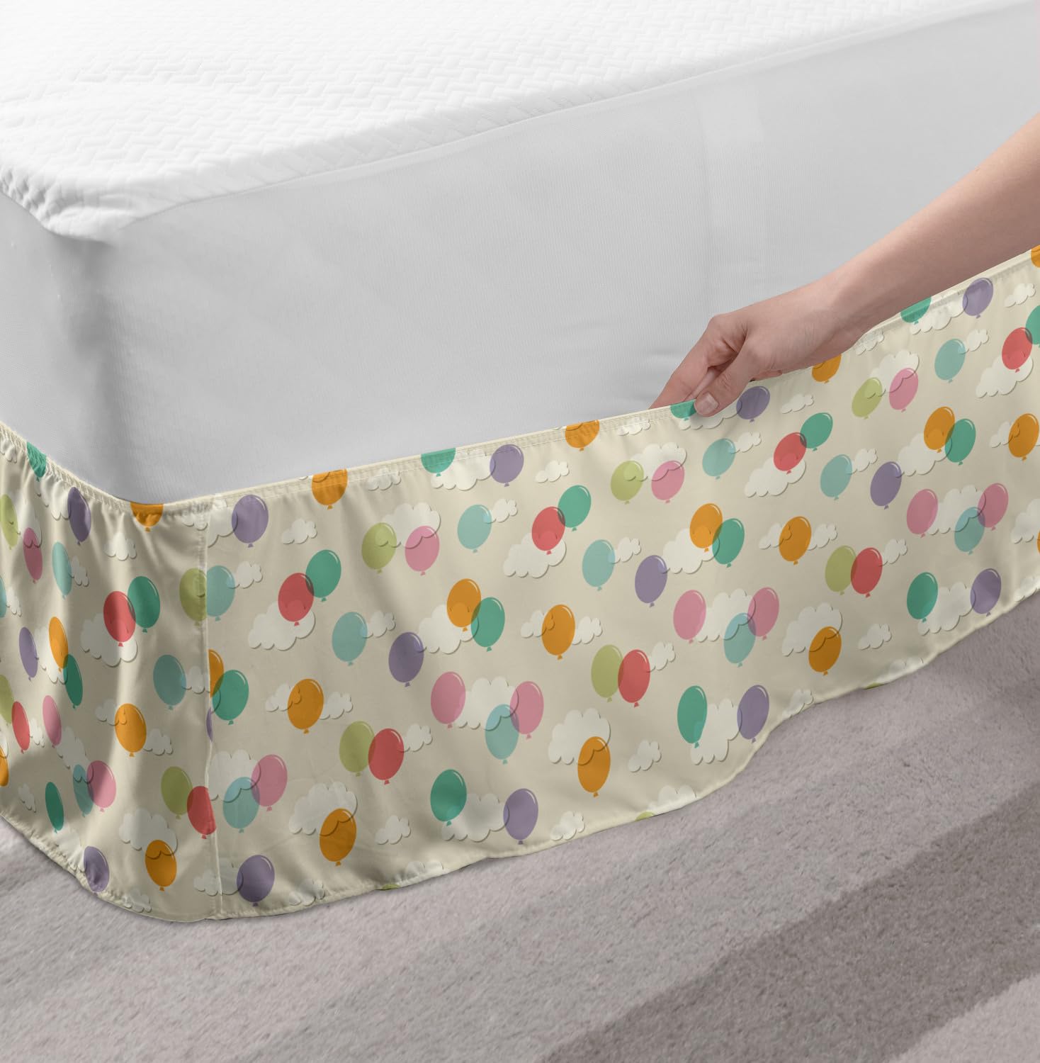 Ambesonne Birthday Elastic Bed Skirt - Pastel Balloons & Fluffy Clouds Party Design, Wrap Around Fabric Dust Ruffle for Queen Size Beds | Perfect for Birthday Party Decorations & Bedroom Makeovers