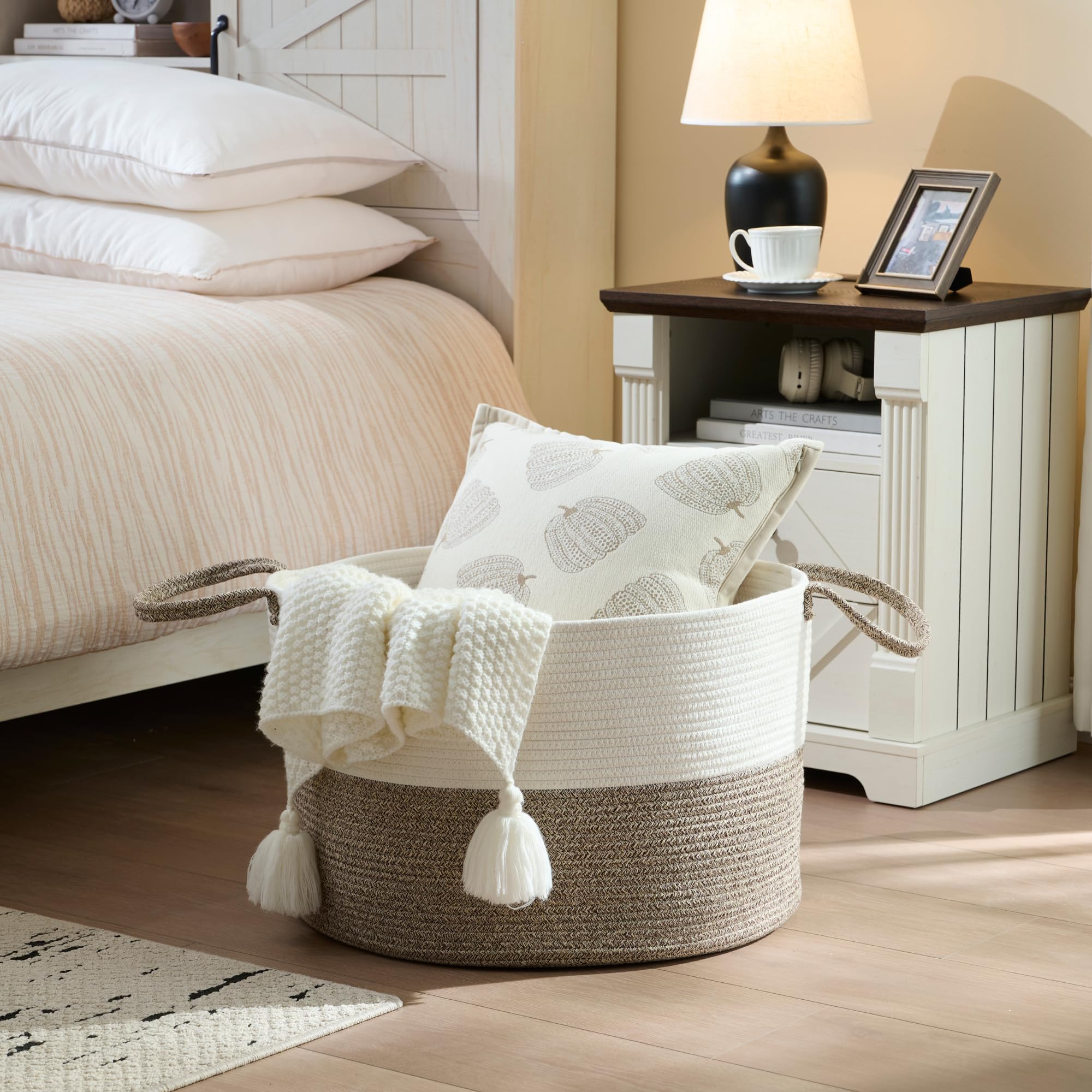 VERSAINSECT Extra Large Cotton Rope Storage Basket with Leather Handles - 22x22x14 Inch Nursery Organizer, Laundry Hamper for Toys, Blankets & Pillows - Dark Grey Home Decor for Bedroom, Playroom & Nursery Organization
