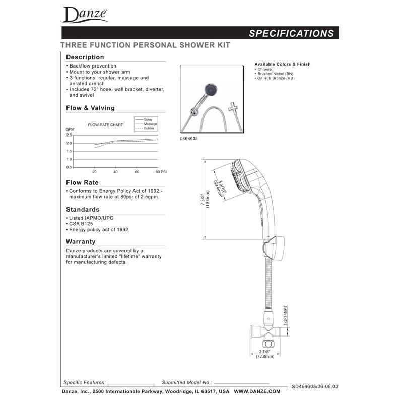 Danze Brushed Nickel Multi-Function Handheld Shower Head Kit with 6 Spray Modes - Perfect for Bathroom, Spa, and Massage Use