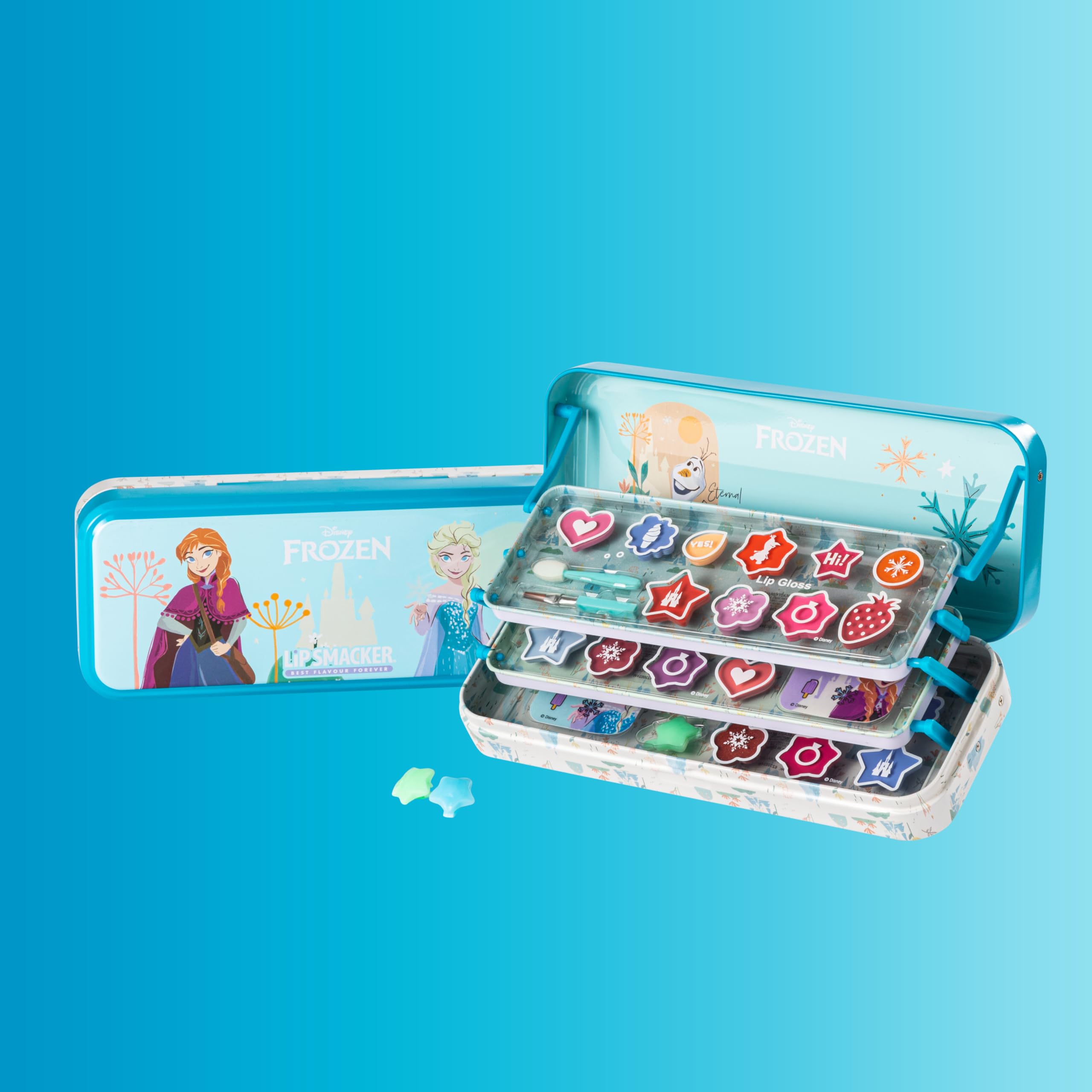 Frozen Artisan Picnic Travel Beauty Tin Set - 3 Tier Makeup Kit for Girls with Lip Gloss, Eyeshadow, Makeup Applicators & Hair Accessories | Disney Frozen Themed Cosmetic Gift for Kids, Travel & Playtime