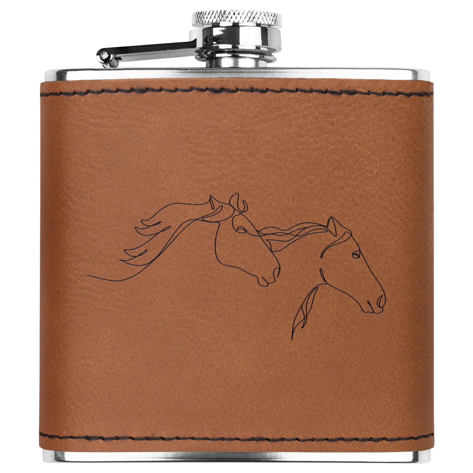 Premium Leather Hip Flask with Engraved Running Horses Design - Stainless Steel Metal Flask for Whiskey, Bourbon & Liquor - Perfect for Outdoor Adventures, Camping & Gifting