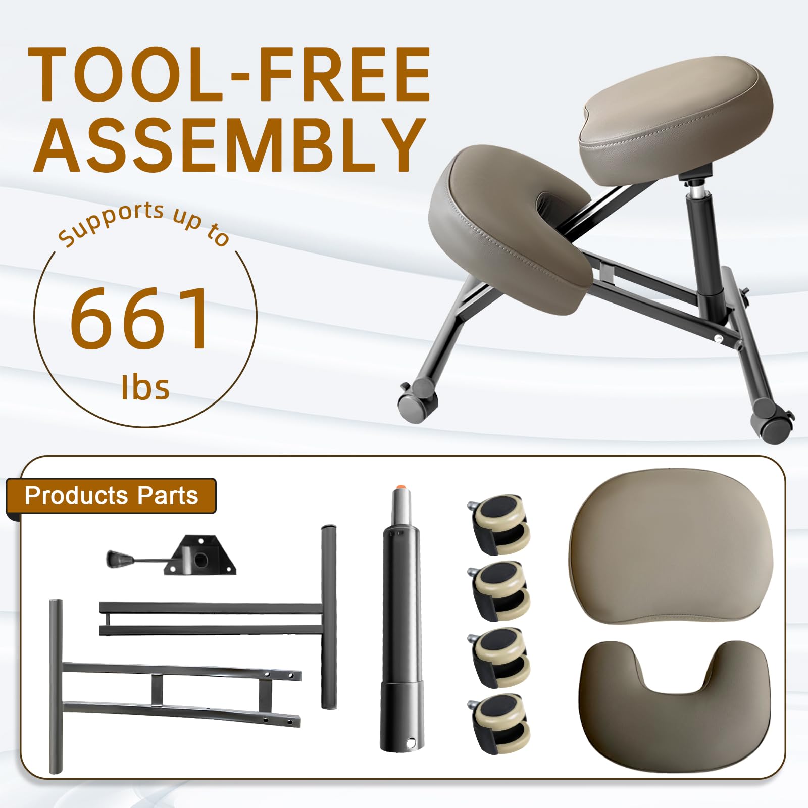 PU Leather Ergonomic Kneeling Office Chair - Adjustable Home & Office Stool with Thick Pads & Lockable Wheels for Back Pain Relief (Brown) | Perfect for Home Office, Meditation & Posture Correction