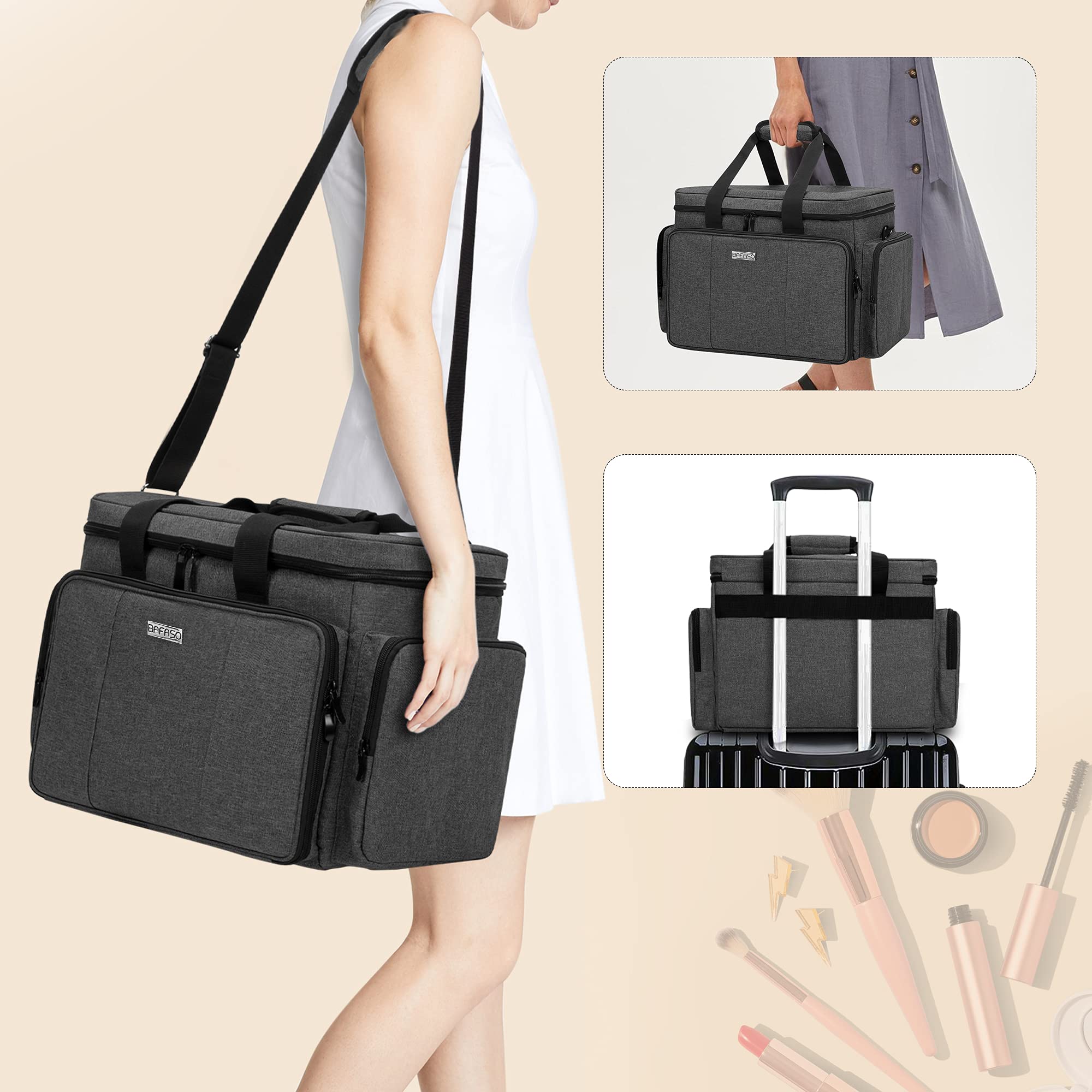 BAFASO Large Makeup Bag with Removable Dividers - Waterproof Cosmetic Organizer for Travel, Holds Brushes & Skincare - Perfect for Vacation, Gym & Daily Use (Black)