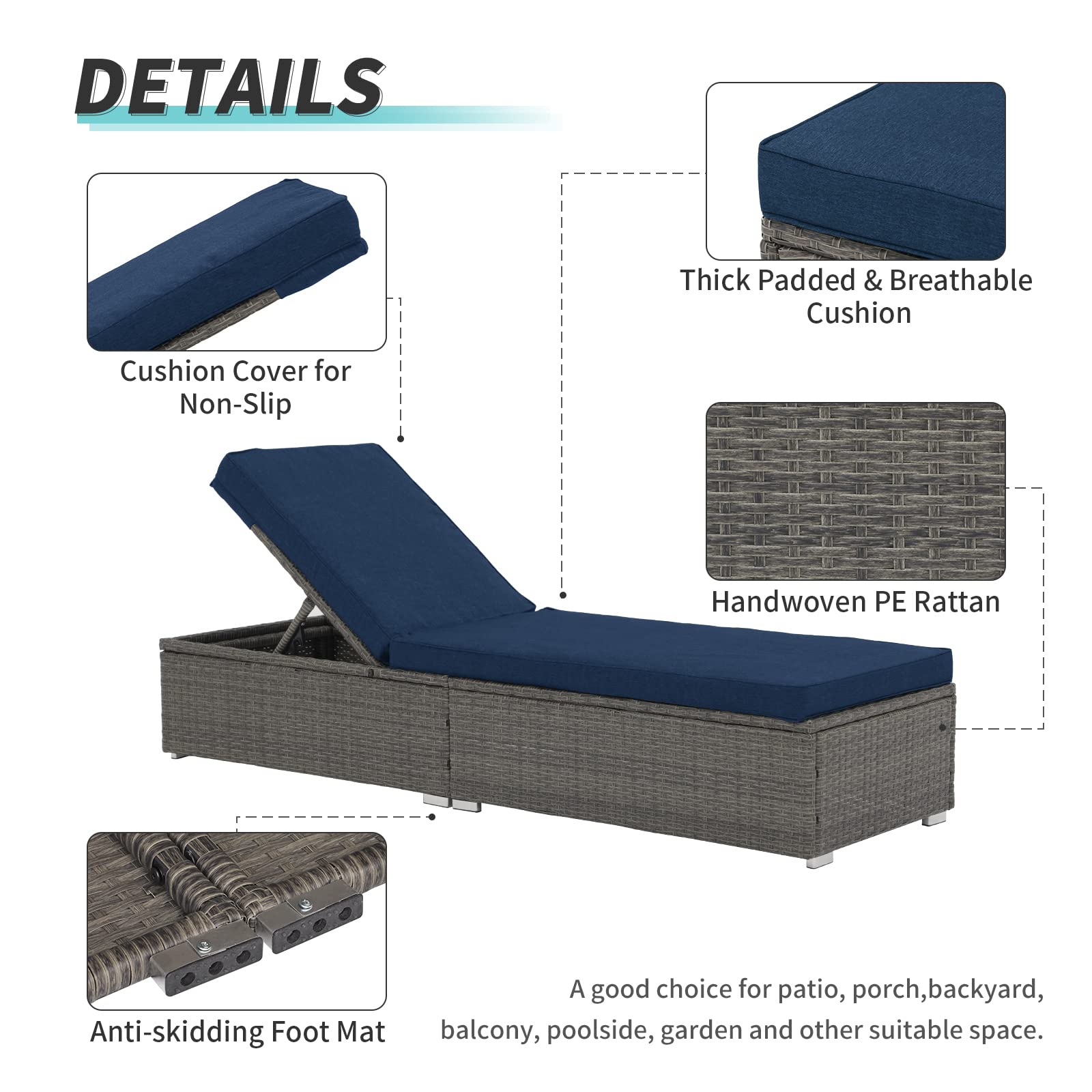 Verano Garden Outdoor Chaise Lounge Patio Pool Lounge Chairs - 2-Pack Wicker Rattan Reclining Folding Loungers with Adjustable Backrest & Removable Dark Blue Cushions - Perfect for Poolside, Beach, Backyard & Patio Relaxation