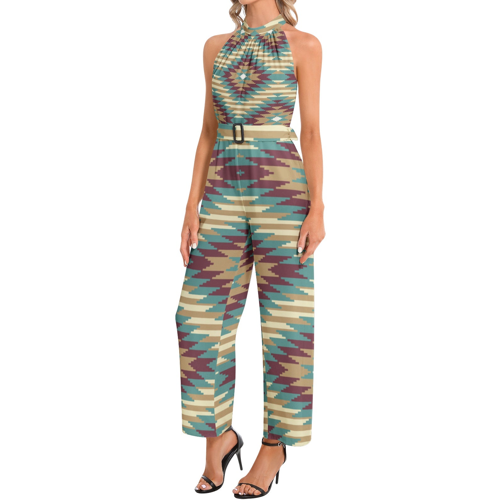 Women's Halter Neck Buckle Belted Jumpsuit - Stylish One-Piece Romper for Summer Outfits, Beach Wear & Casual Occasions