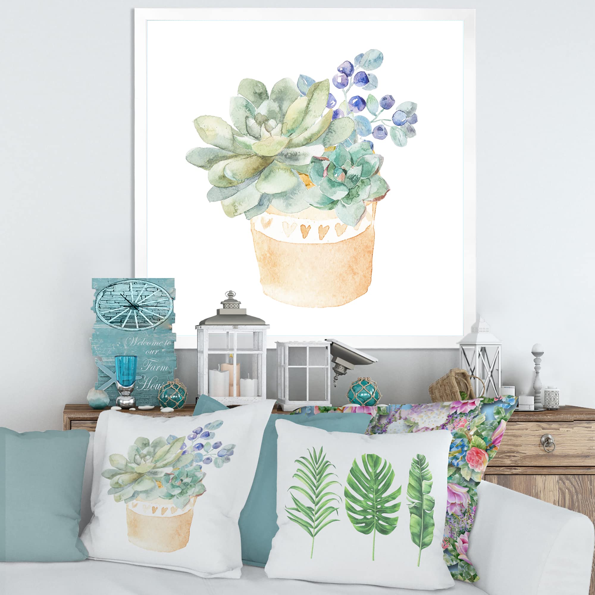 Succulent Plant in Terracotta Pot - Traditional Framed Wall Art Decor for Living Room, Bedroom & Office