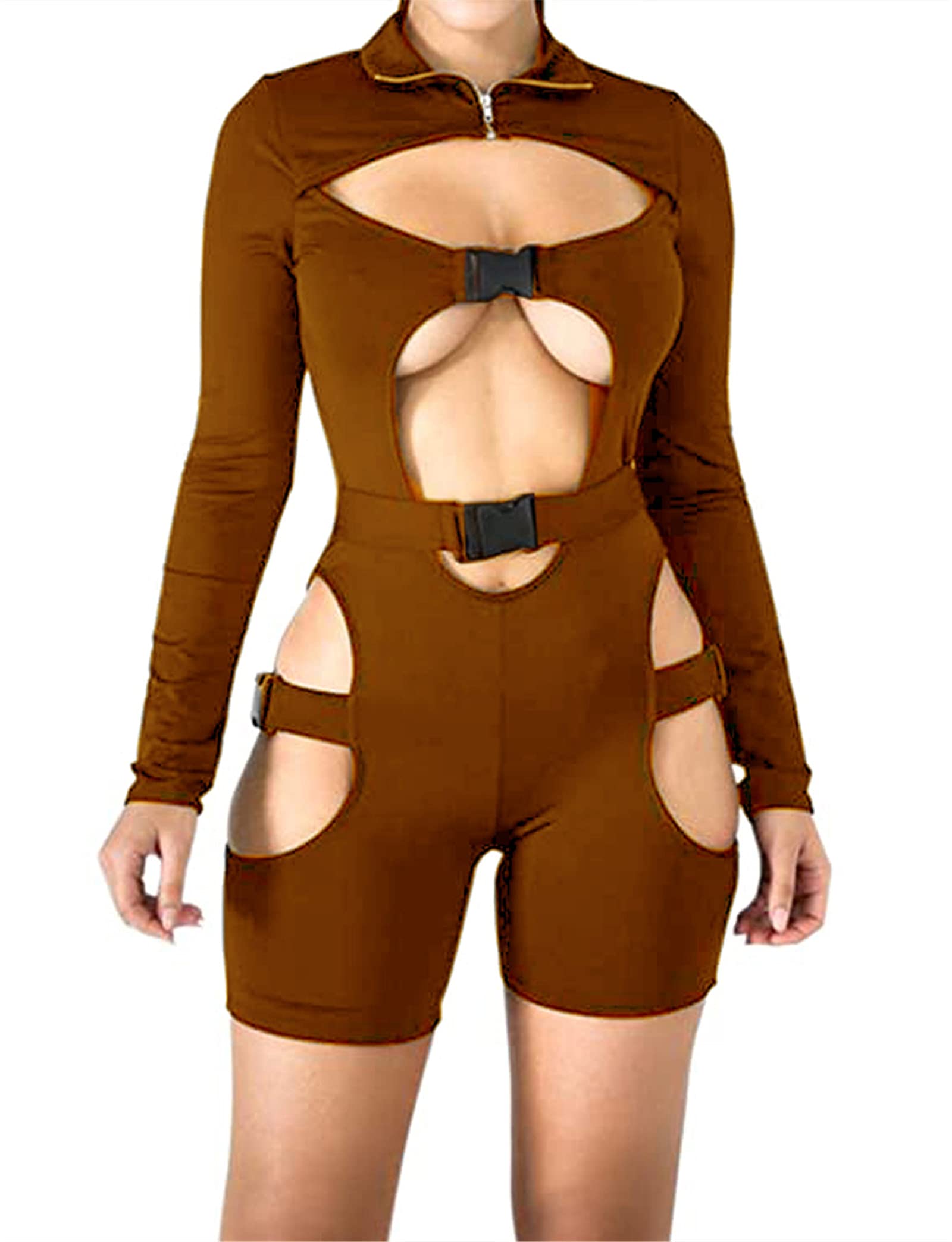 Sexy Hollow Out Jumpsuit for Women - Long Sleeve Cut Out Bodysuit with Buckle Detail, Y2K Clubwear, Biker Shorts Romper | Perfect for Night Out, Party, and Streetwear Fashion