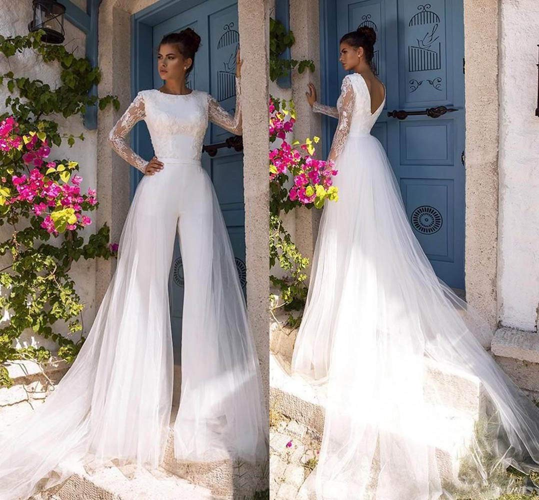 Boho Beach Wedding Dress with Detachable Train - Long Sleeve Lace Jumpsuit for Bohemian Brides, Beach Ceremonies & Modest Occasions