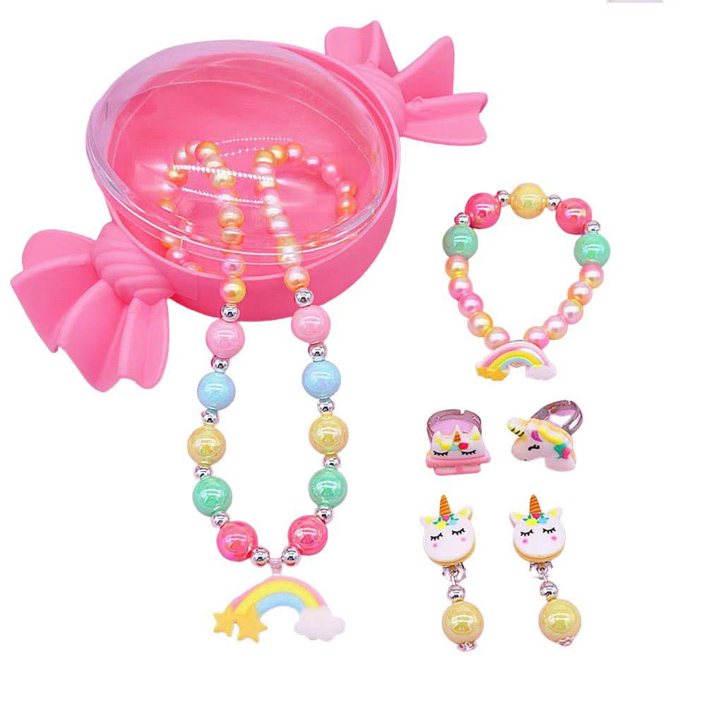 **Girls Pretend Play Jewelry Set - Necklace, Bracelet, Earrings & Rings for Kids Dress Up - Candy-Shaped Gift Box - Perfect for Birthday Parties, Role Play & Costume Accessories**