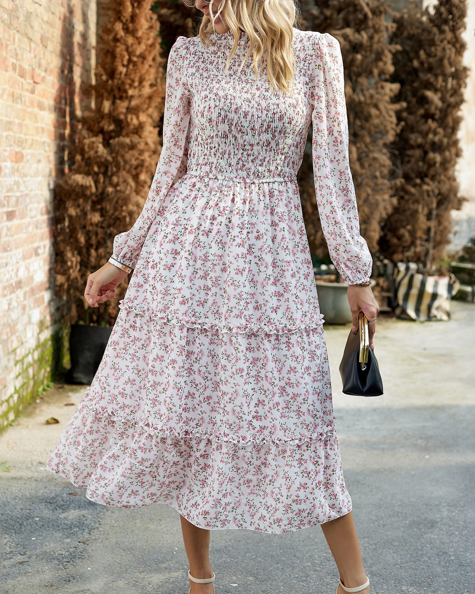 NOLLSOM Women's Floral Boho Maxi Dress - Long Sleeve Crew Neck A-Line Flowy Wedding Guest Dress for Spring 2025 | Perfect for Beach Vacations, Garden Parties & Casual Outings