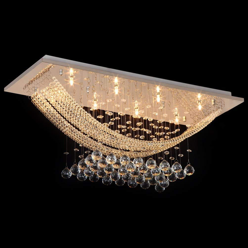 8-Light Silver Rectangle Crystal Raindrop Chandelier - Modern Flush Mount Ceiling Light Fixture for Living Room, Kitchen Island, Dining Room, Closet & Wedding Decor | Elegant Lighting Solution for Home & Event Spaces