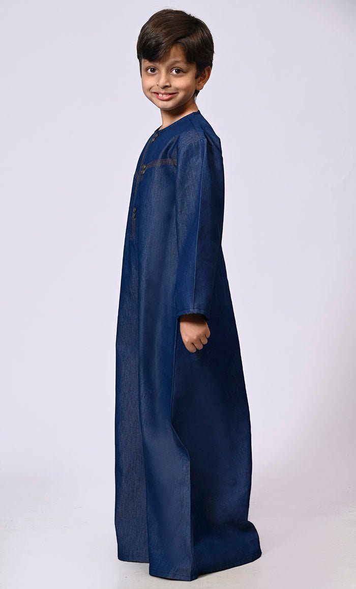 Boys Blue Denim Thobe with Decorative Buttons & Pockets | Islamic Prayer Dress for Kids | Perfect for Eid, Mosque & Special Occasions
