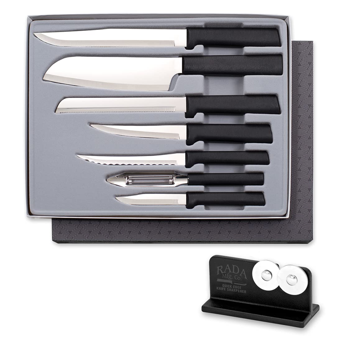 Rada Cutlery 7-Piece Knife Set with Sharpener - High-Quality Kitchen Knives with Black Handles - Perfect for Home Cooking, Wedding Gifts & Starter Chef Kits