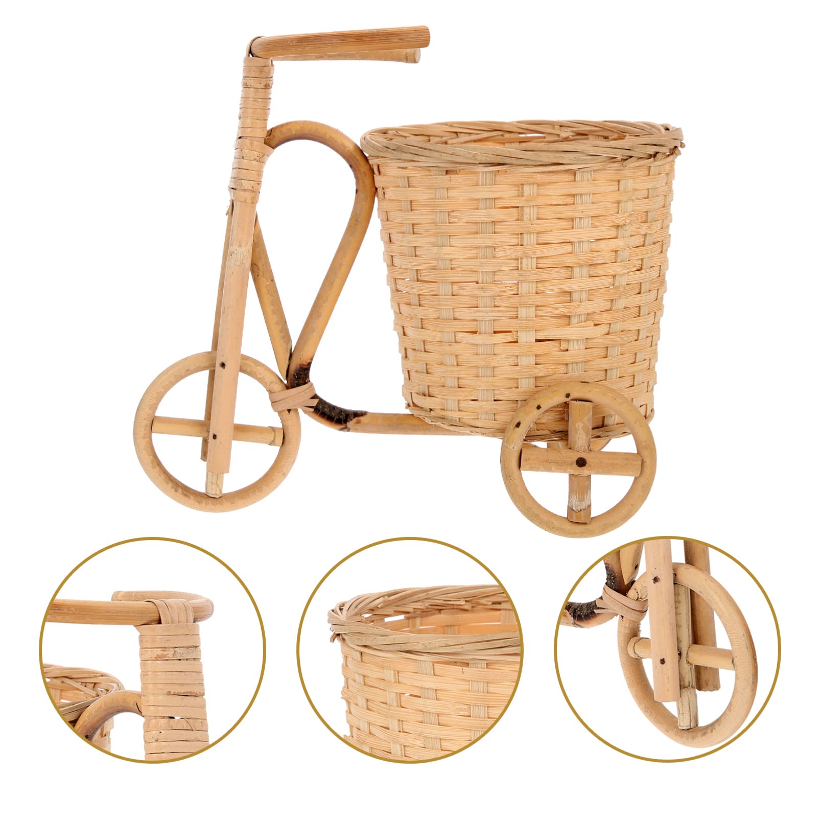 GANAZONO Bamboo Woven Flower Basket - Handmade Decorative Storage Organizer for Home Decor, Farmhouse Style Mini Tricycle Basket with Craft Texture - Perfect for Floral Arrangements, Bathroom Organization & Rustic Table Centerpieces