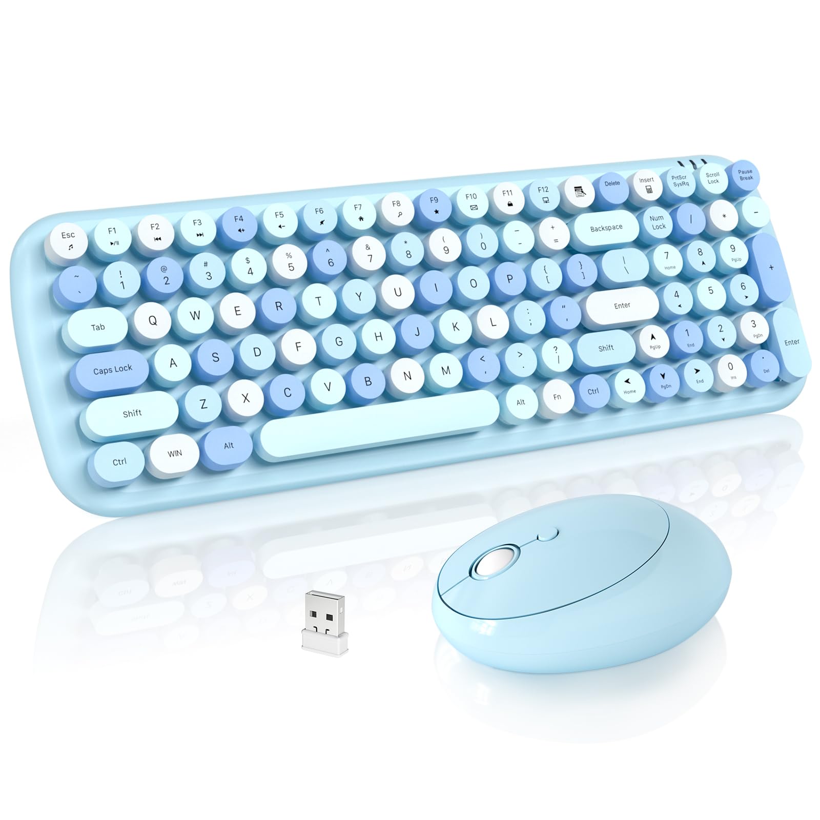 Vintage Typewriter Style Wireless Keyboard and Mouse Combo - 2.4GHz Retro Bluetooth Keyboard with Mouse for PC, Laptop, Desktop (Windows/Mac) - Blue Colorful Mechanical Keyboard for Office, Gaming & Home Use