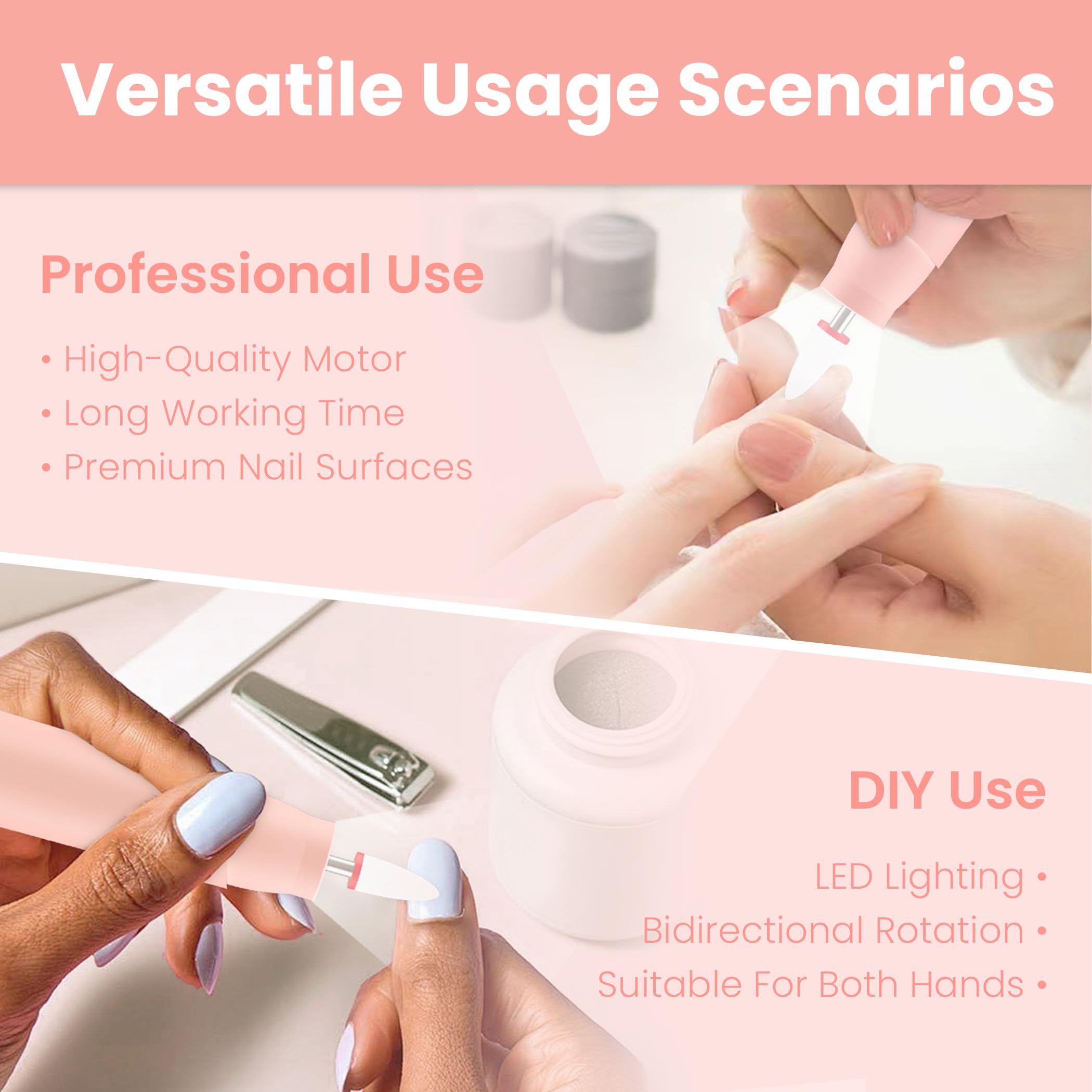 Professional Cordless Electric Nail Drill Kit - Rechargeable Portable Nail File with 5 Speed Modes, LED Light & Reversible Rotation for Home Salon, Manicure Pedicure & DIY Nail Care (Pink)