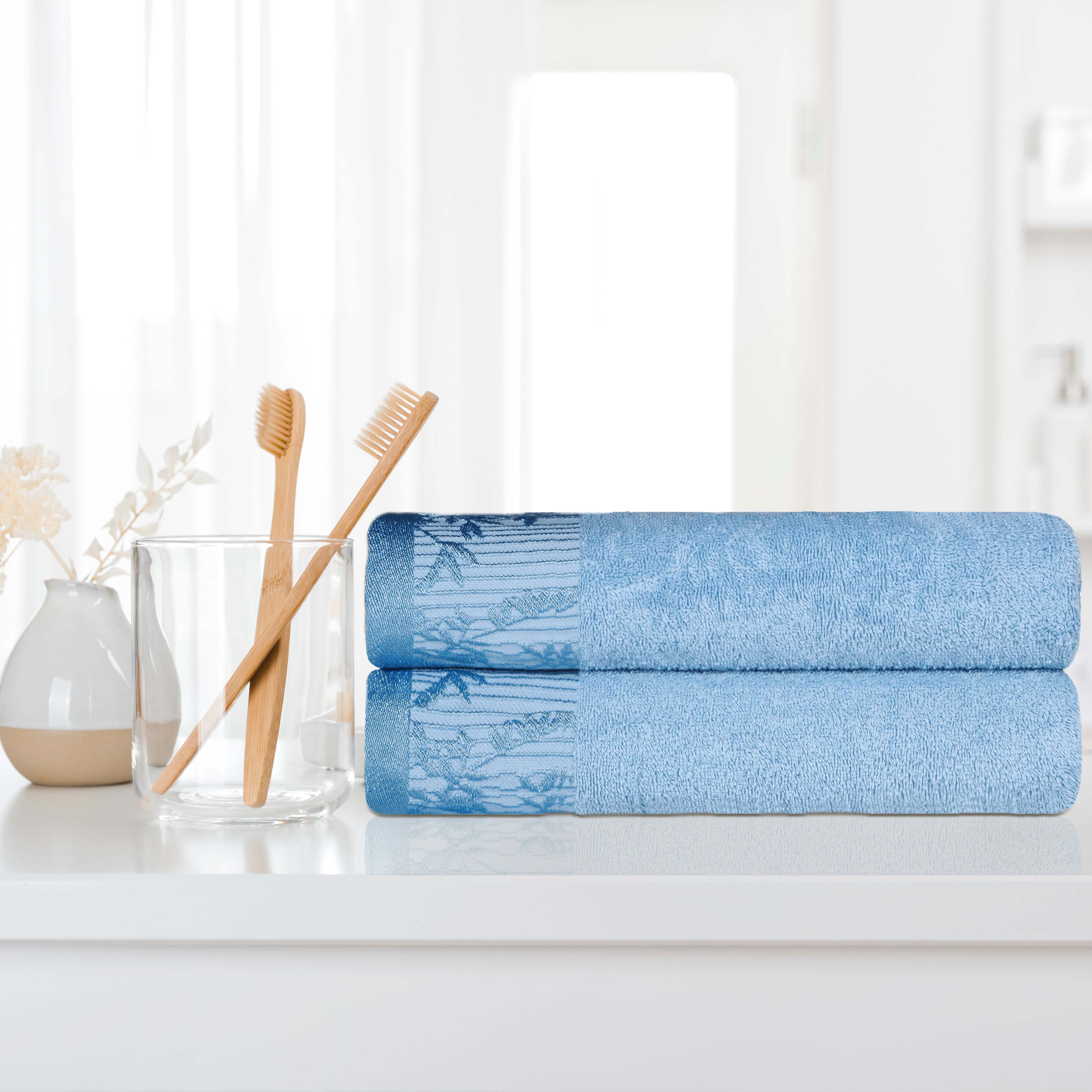 Premium Wisteria Cotton Floral Embroidered Jacquard Border Bath Towel Set of 2 - Soft Absorbent Luxury Towels for Spa, Bathroom & Guest Use