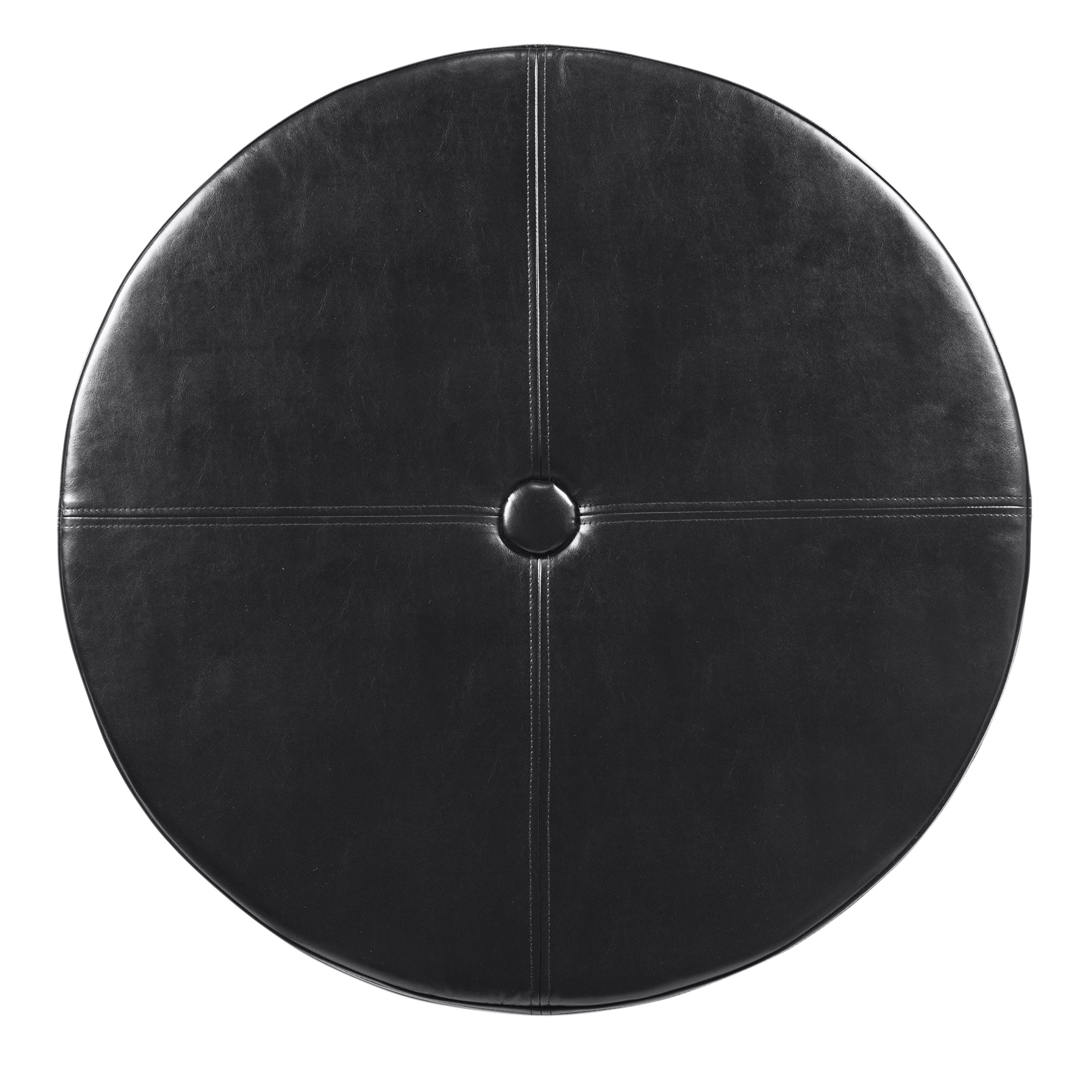 Homepop Upholstered Faux Leather Round Storage Ottoman with Tufted Button Top - Large Decorative Footstool for Living Room & Bedroom - Perfect for Extra Seating, Storage & Home Decor (Black)