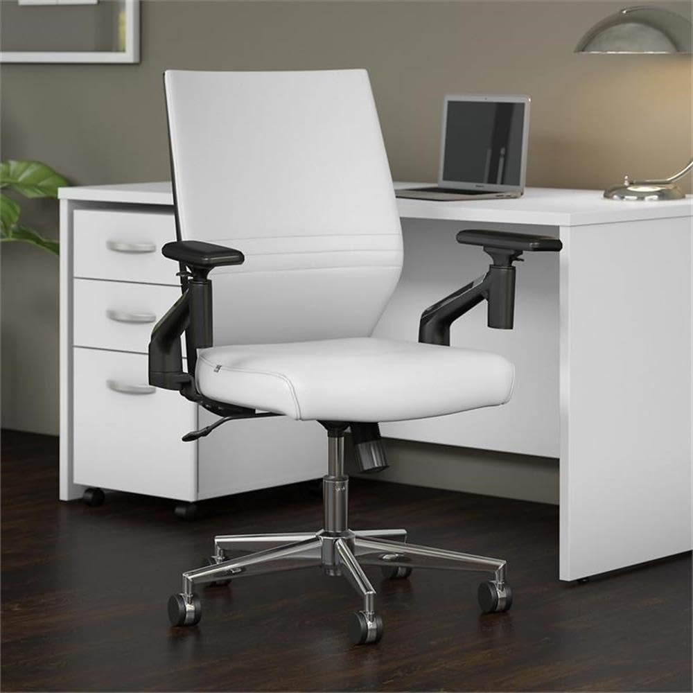Bush Furniture Cabot Mid Back Leather Office Chair - White | Ergonomic Executive Chair for Home & Office Workspace, Comfortable Desk Chair with Adjustable Height & Lumbar Support
