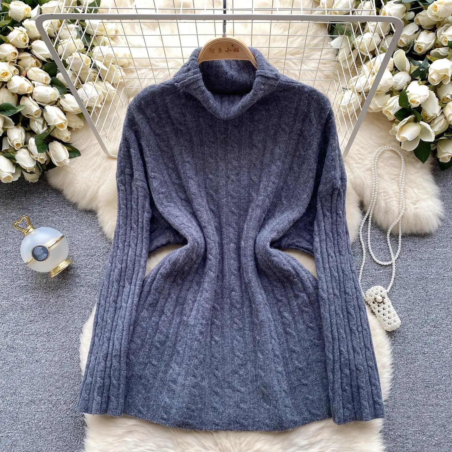 Women's Elegant High Neck Knit Sweater - Warm Winter Pullover with Long Sleeves, Loose Fit Crochet Top for Casual & Office Wear | Cozy Autumn Winter Fashion