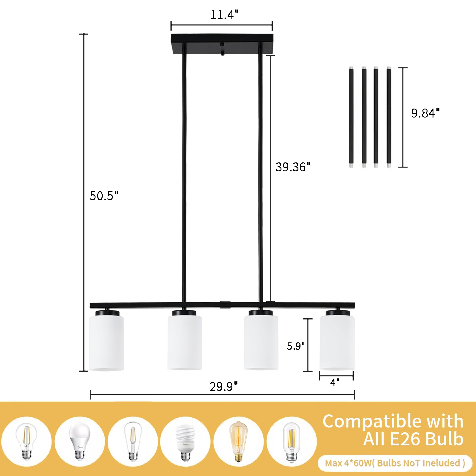 4-Light Farmhouse Linear Chandelier - Adjustable Kitchen Island Lighting with Milky Glass Shades - Rustic Dining Room Pendant Light Fixture for Modern Farmhouse, Restaurant & Breakfast Nook Decor