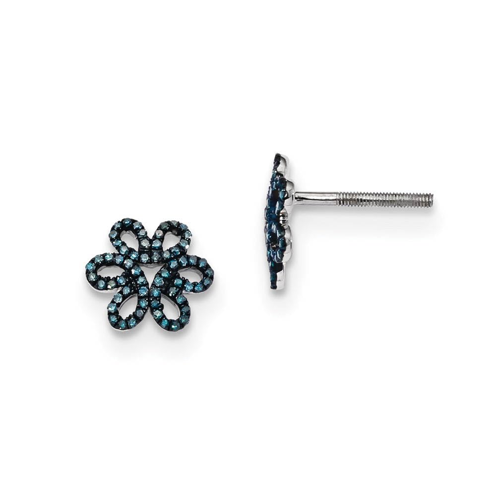 Sterling Silver Blue Diamond 10mm Open Flower Stud Earrings with Black Bow - Elegant Dangle Post Earrings for Women, Perfect for Weddings, Parties & Special Occasions