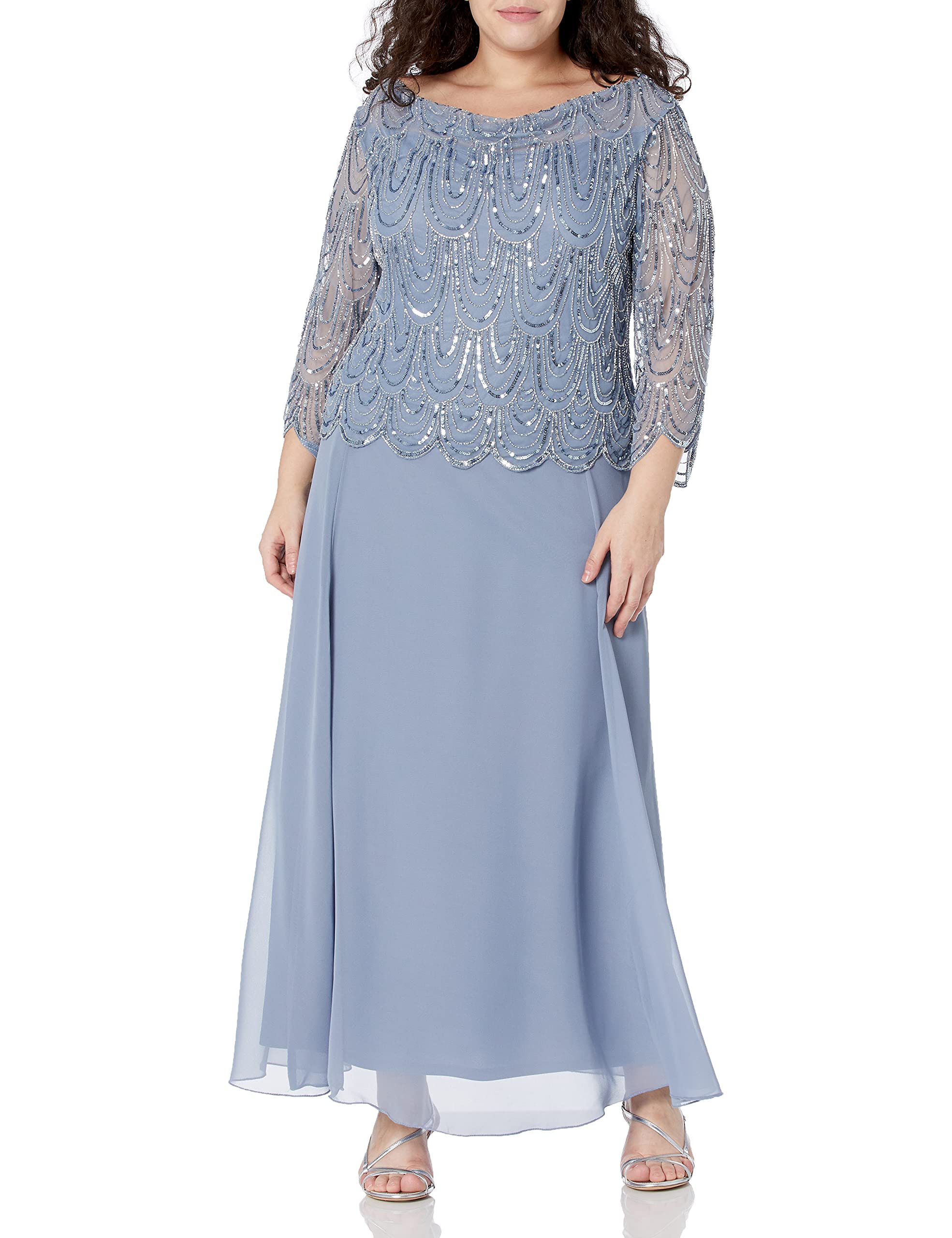 J Kara Women's Plus Size 3/4 Sleeve Scallop Beaded Pop Over Gown - Elegant Evening Dress for Parties, Weddings & Special Occasions