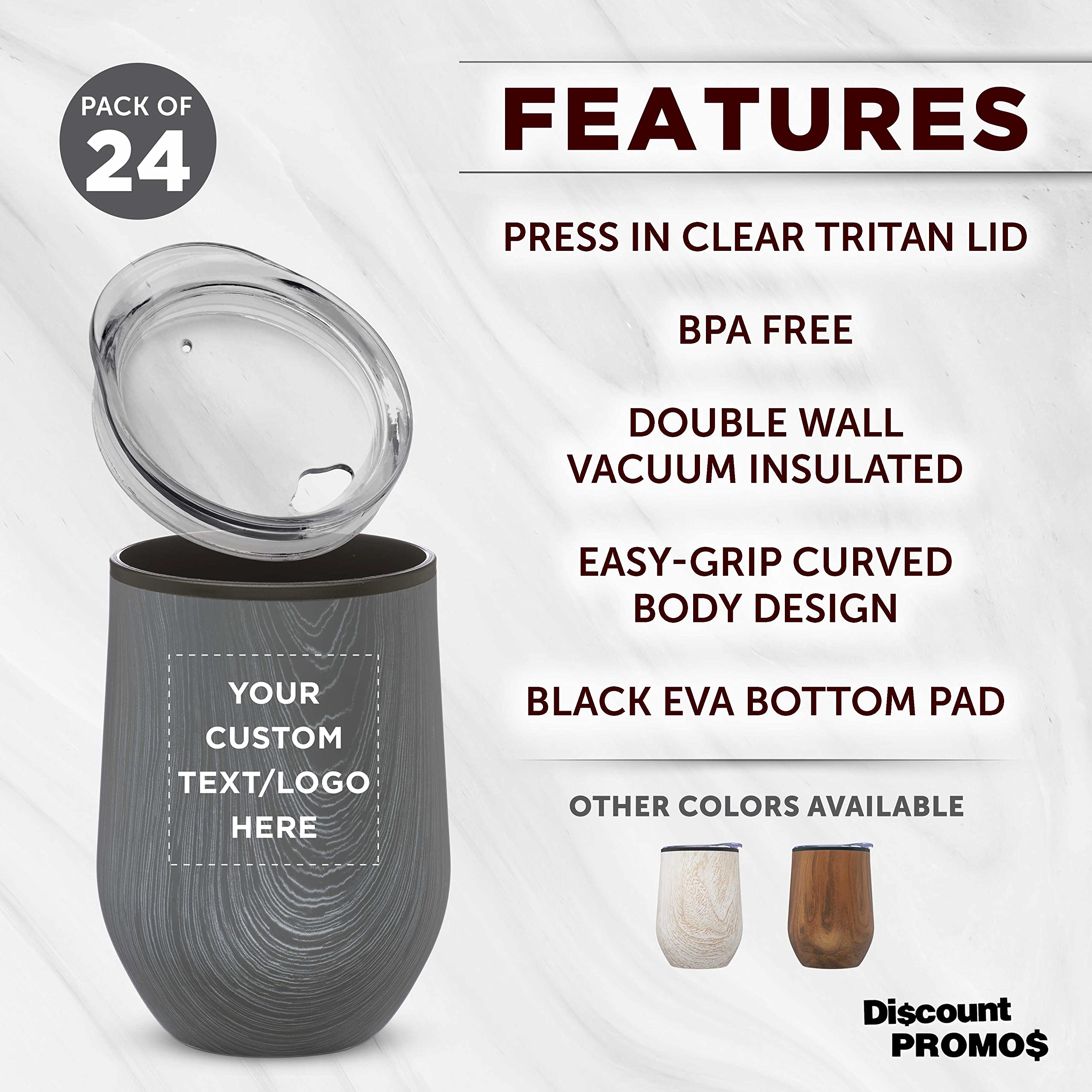 Custom Personalized Palmera Stemless Wine Tumblers with Lids - 12 oz Set of 24 Bulk Pack - Rustic Grey Glassware for Wine, Cocktails, Coffee & Beverages - Perfect for Weddings, Parties, Restaurants & Home Use