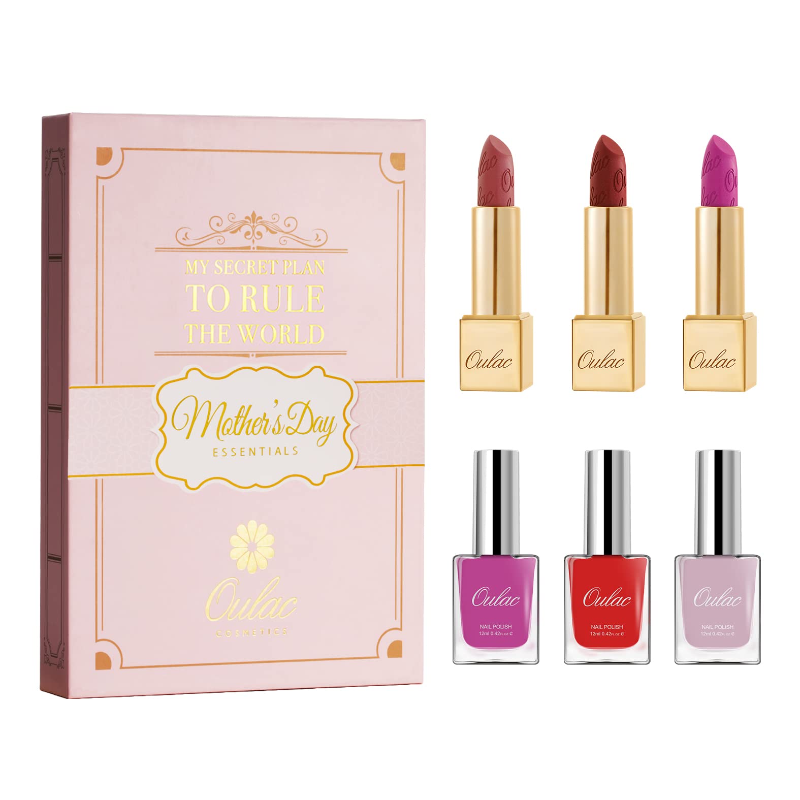 Oulac Mother's Day Makeup Gift Set - 3 Metallic Shine Lipsticks & 3 Nail Polishes (Pink, Red, Purple, Nude) - Perfect Beauty Gift for Mom, Wife, Girlfriend - Birthday, Anniversary, Valentine's Day Present