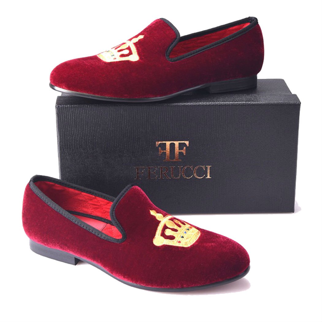 FERUCCI Handmade Burgundy Velvet Men's Loafers with Gold Crown - Luxurious House Slippers for Men, Comfortable Indoor/Outdoor Slippers for Relaxation & Lounging