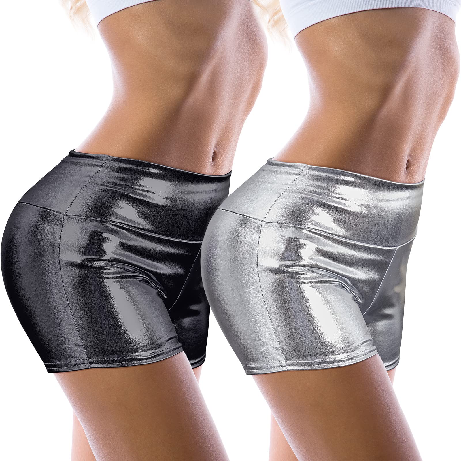 Zhanmai Women's High Waisted Metallic Booty Shorts - Shiny Black & Silver Dance Shorts for Fitness, Rave, Cosplay & Performance Costumes