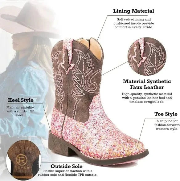 Roper Toddler Glitter Southwest Western Square Toe Boots - Stylish Cowgirl Boots for Girls, Comfortable & Durable for Playdates, Parties & Western-Themed Events