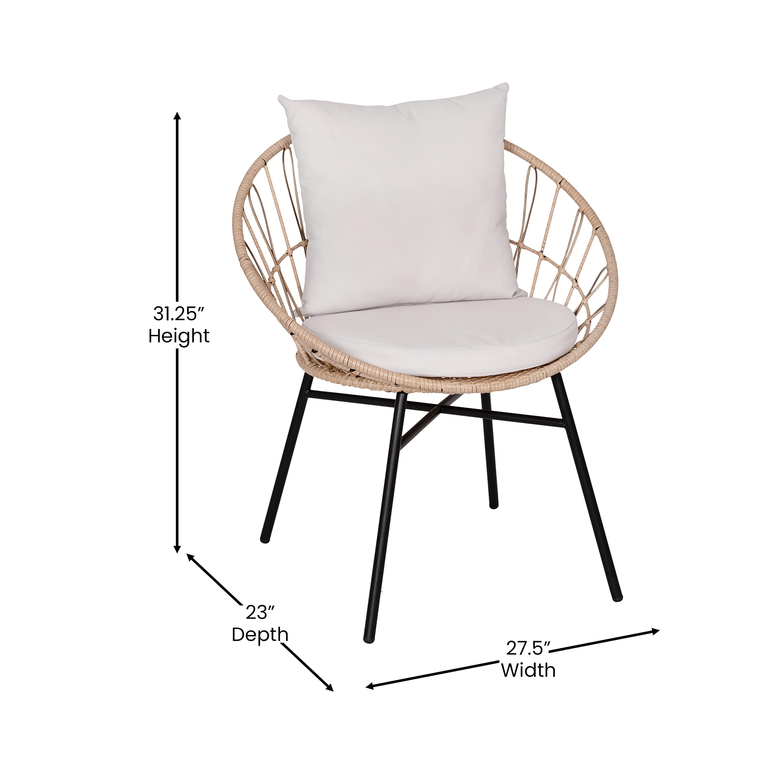 Devon 3-Piece Indoor/Outdoor Bistro Set - Tan Rattan Papasan Chairs with Glass Top Table & Gray Cushions - Perfect for Patio, Garden, Balcony or Sunroom Relaxation