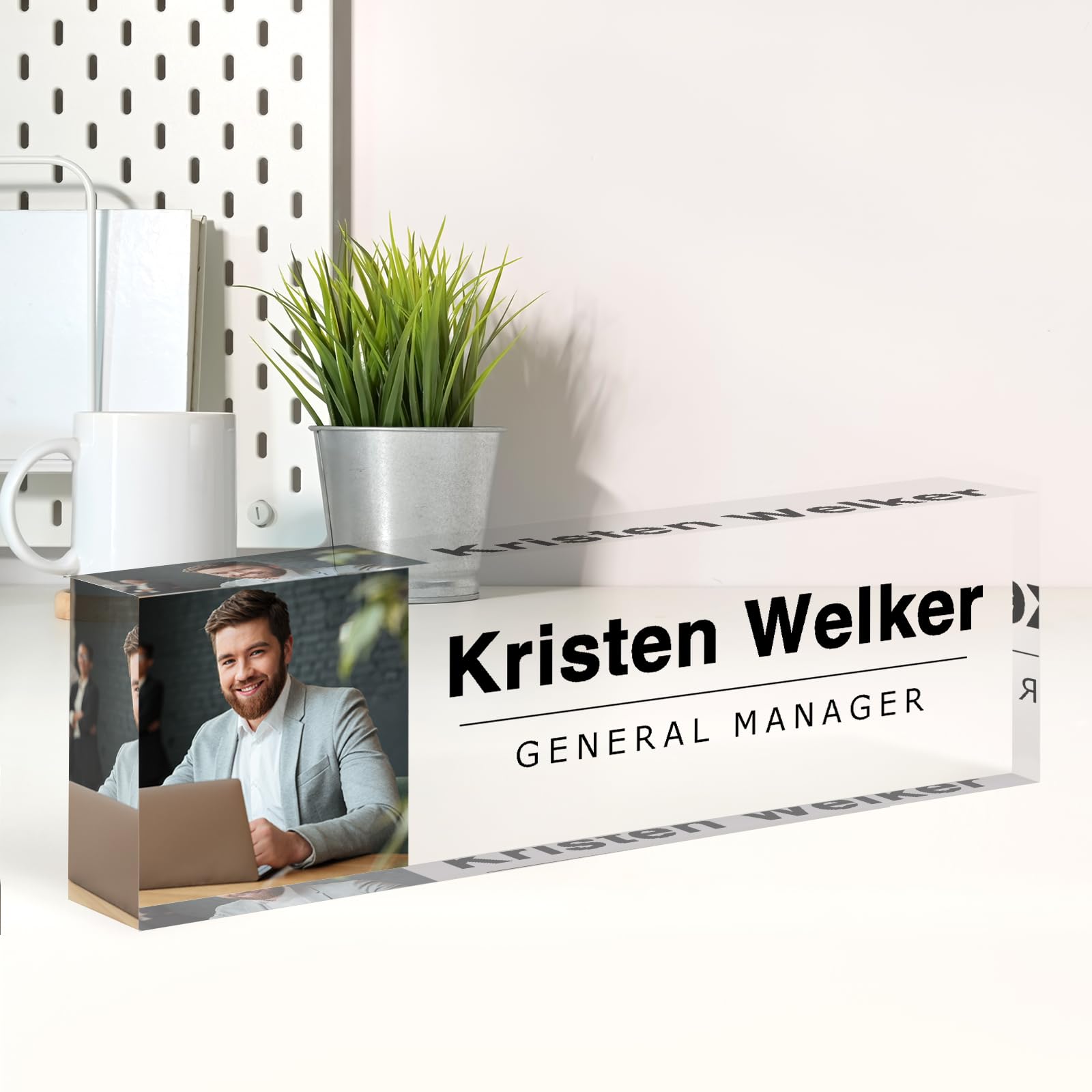 Custom Personalized Acrylic Desk Name Plate with Photo - Office Desk Decor for Women & Men - Unique Employee Appreciation Gift for Boss, Manager, Teacher - Perfect for Corporate Gifts, Work Anniversary, Retirement & Office Decor