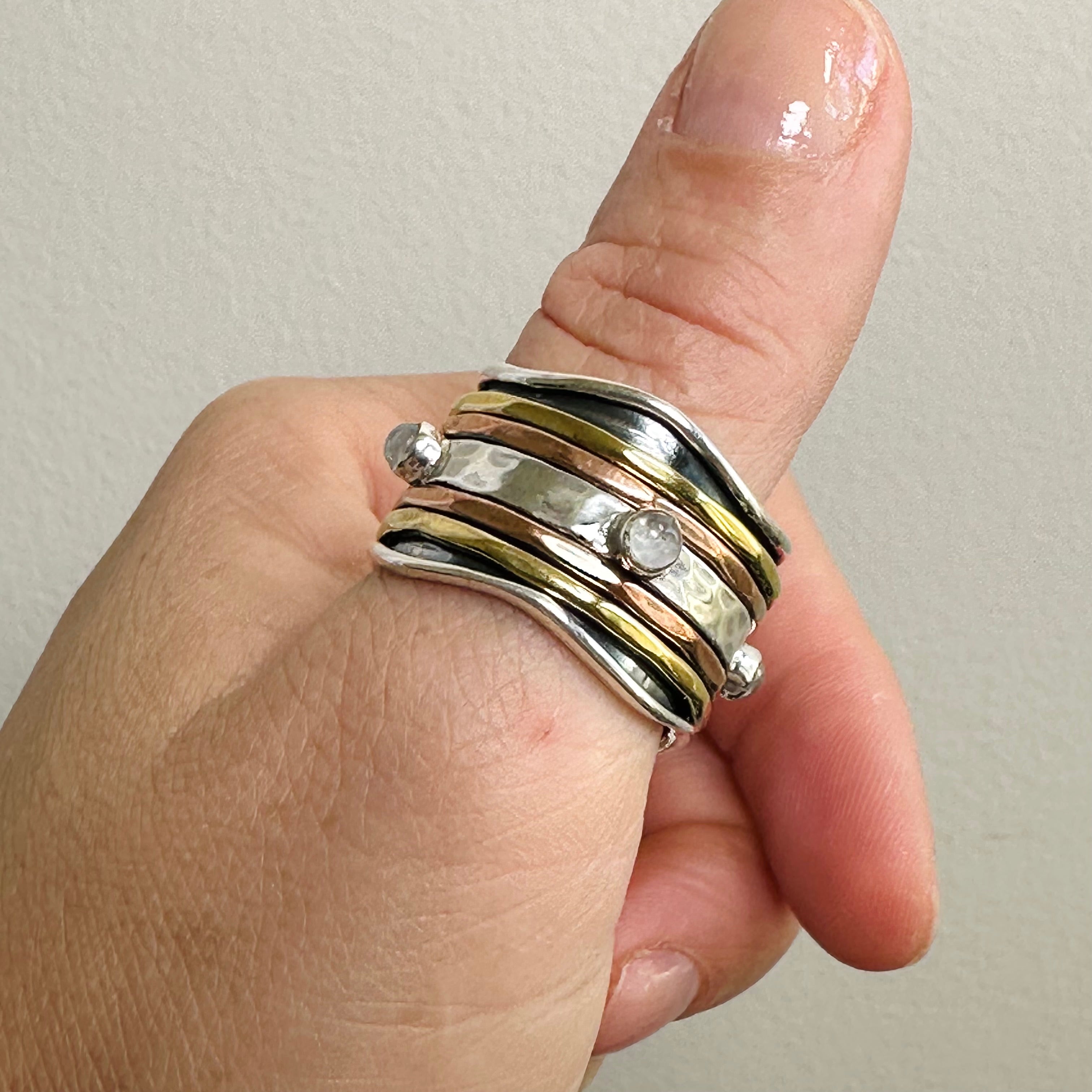 Moonstone Spinner Ring Size 9.5 R3905 - Elegant Adjustable Sterling Silver Jewelry for Women, Perfect for Meditation, Stress Relief & Everyday Wear