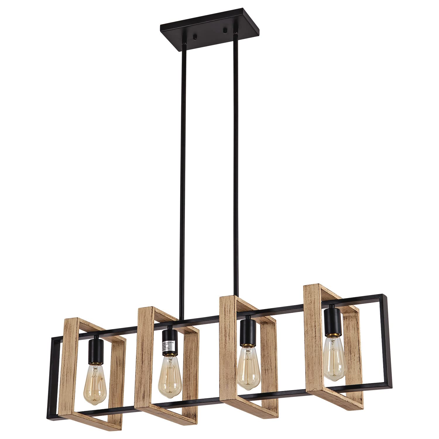 4-Light White Wood Pendant Lighting for Kitchen Island & Dining Room - Farmhouse Chandelier with Rustic Black Finish, E26 Bulb Compatible - Perfect for Kitchen Counter, Breakfast Nook & Farmhouse Dining Table Lighting