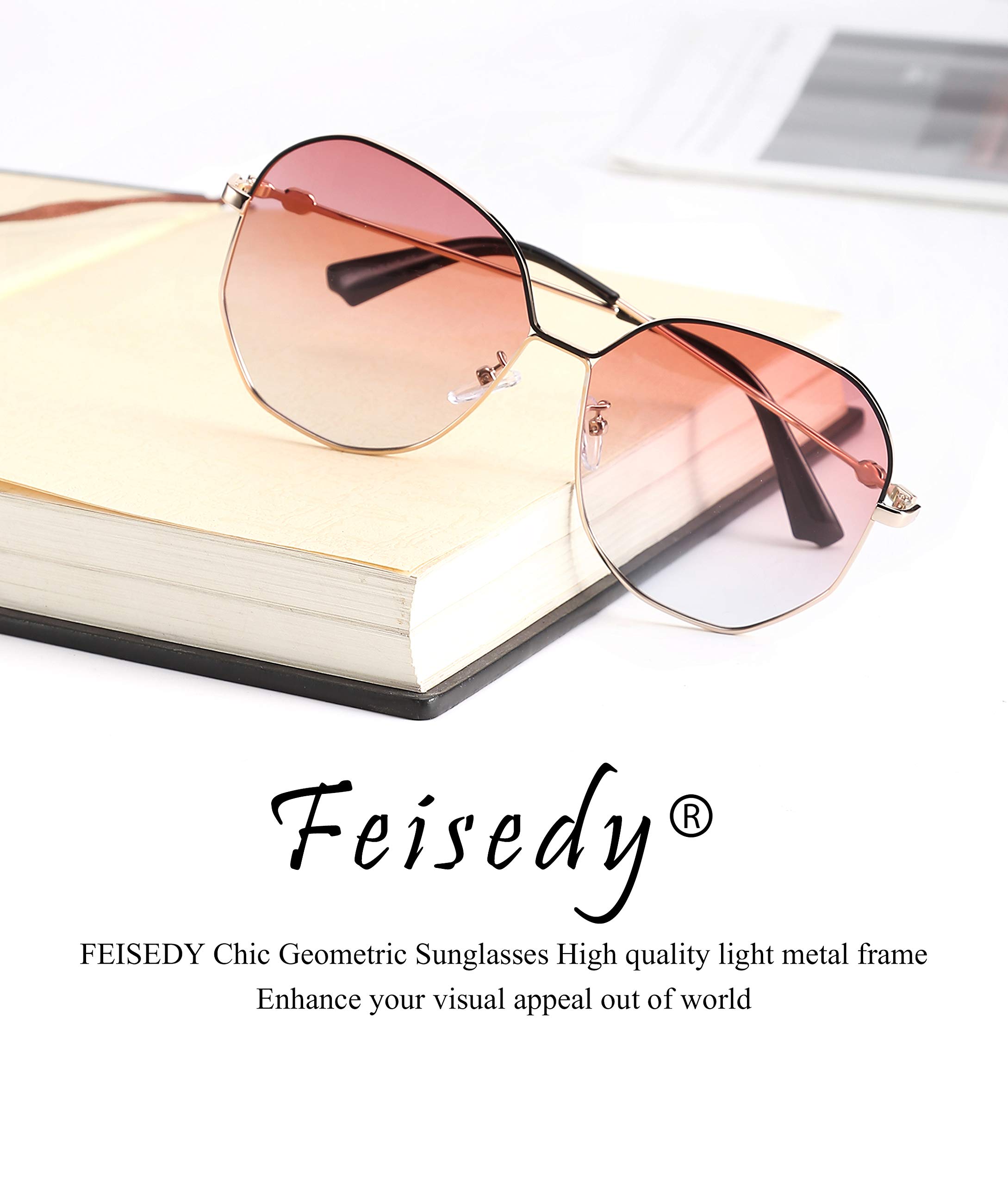 FEISEDY Hexagon Sunglasses for Women - Gradient Lens, Metal Frame, UV Protection - Perfect for Beach, Driving & Outdoor Activities