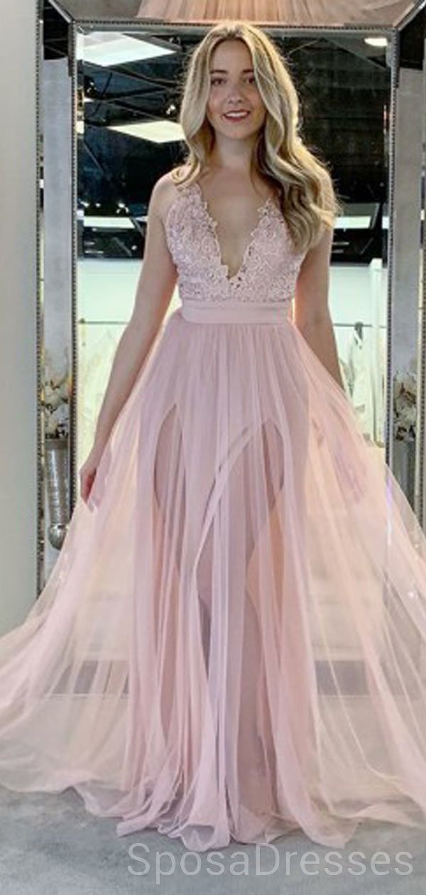 Elegant Pale Pink V-Neck Side Slit Tulle Long Evening Prom Dress | Custom Sweet 16 Dresses for Teens | Perfect for Prom Night, Homecoming, Quinceañera & Formal Events - Style 18479