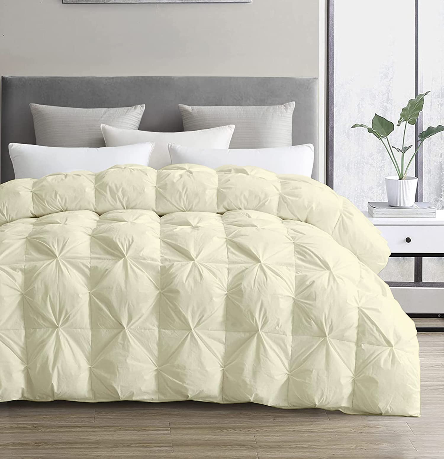 3-Piece 500 GSM Pinch Pleated Comforter Set with Corner Tabs - 100% Cotton Baffle Pintuck Design, All-Season Goose Down Filling, Ivory Color for King/Cal King Size (102