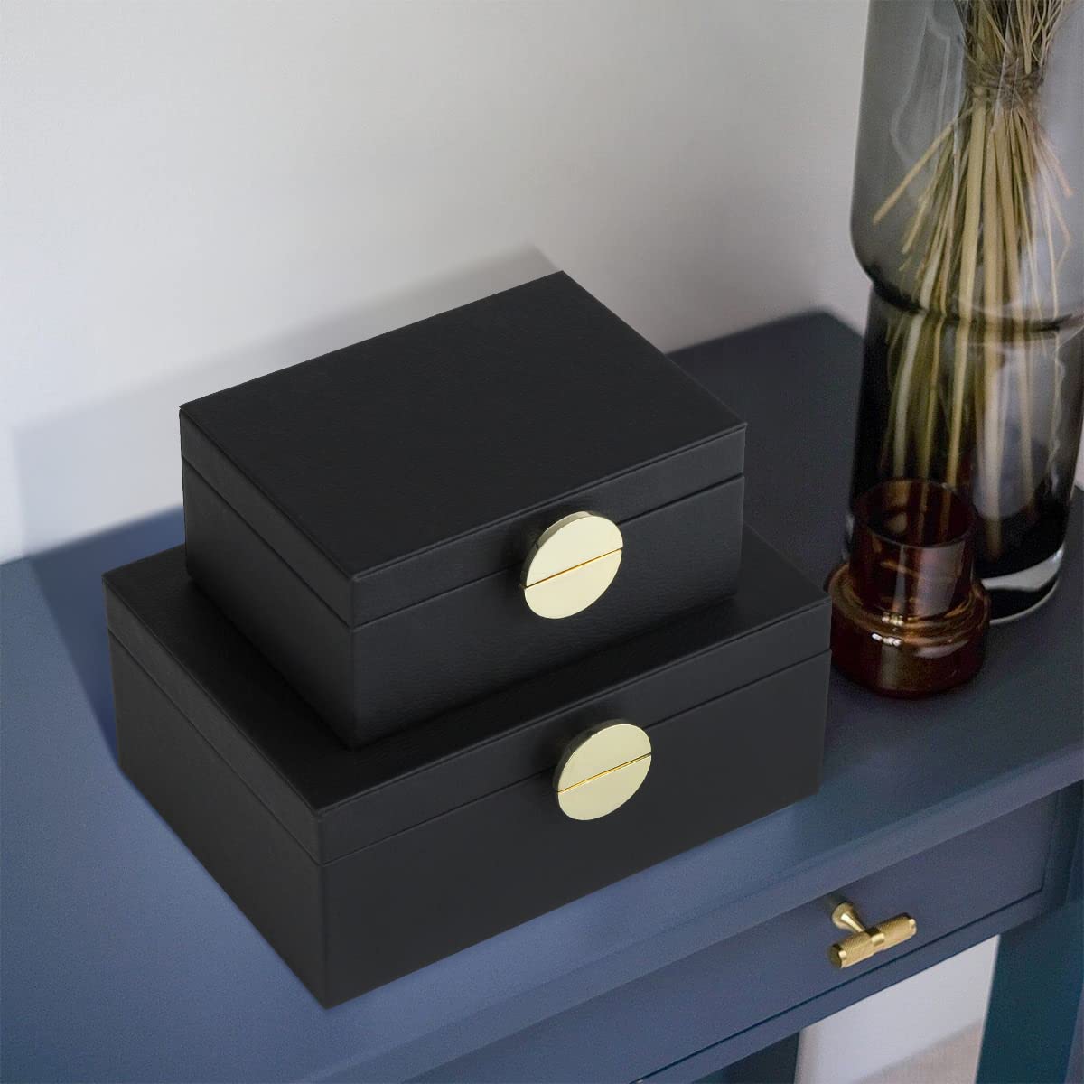 HofferRuffer Faux Leather Jewelry Organizer Box Set of 2 - Black Vegan Leather Storage Case with Gold Hardware for Necklaces, Rings & Earrings - Perfect for Bedroom Dresser, Vanity Table & Travel Accessories