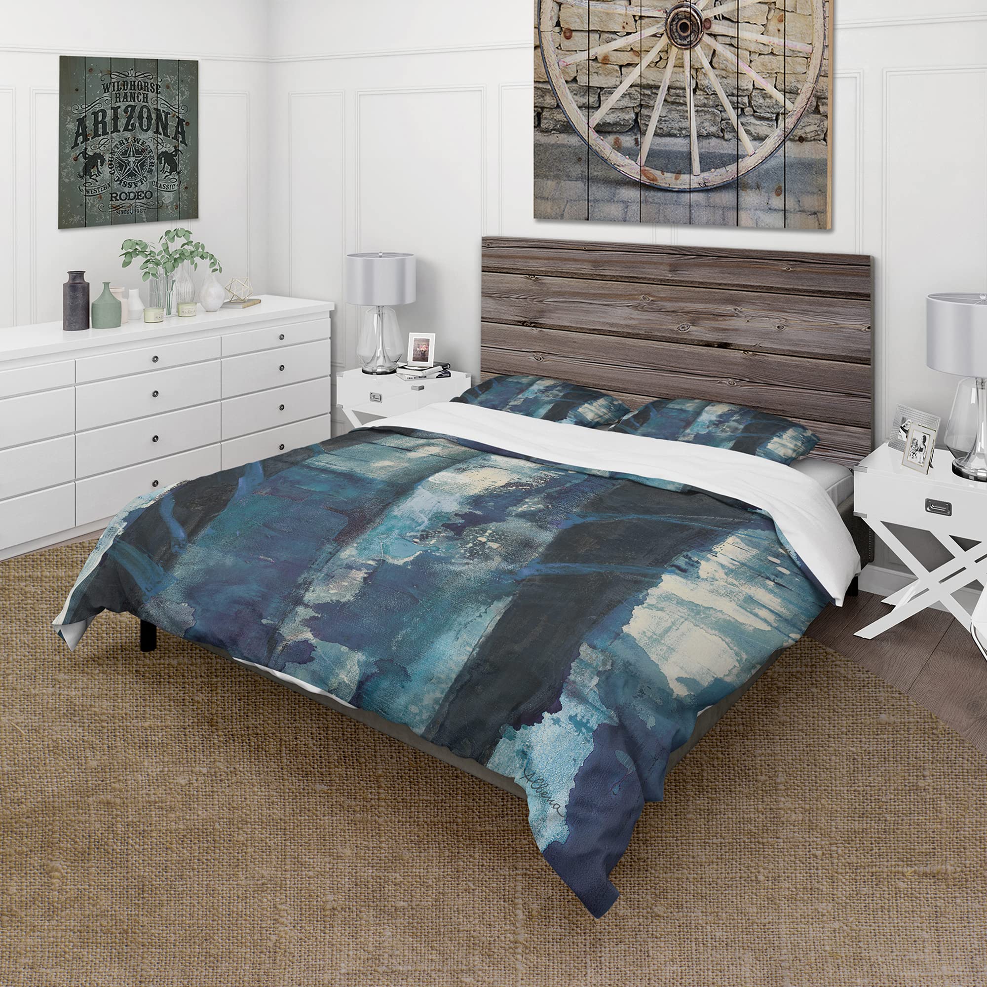 DesignQ Deep Woods Indigo Traditional Duvet Cover Set - King Size Blue Country Charm Bedding (3-Piece) | All-Season Comfort for Rustic, Farmhouse & Cozy Bedroom Decor