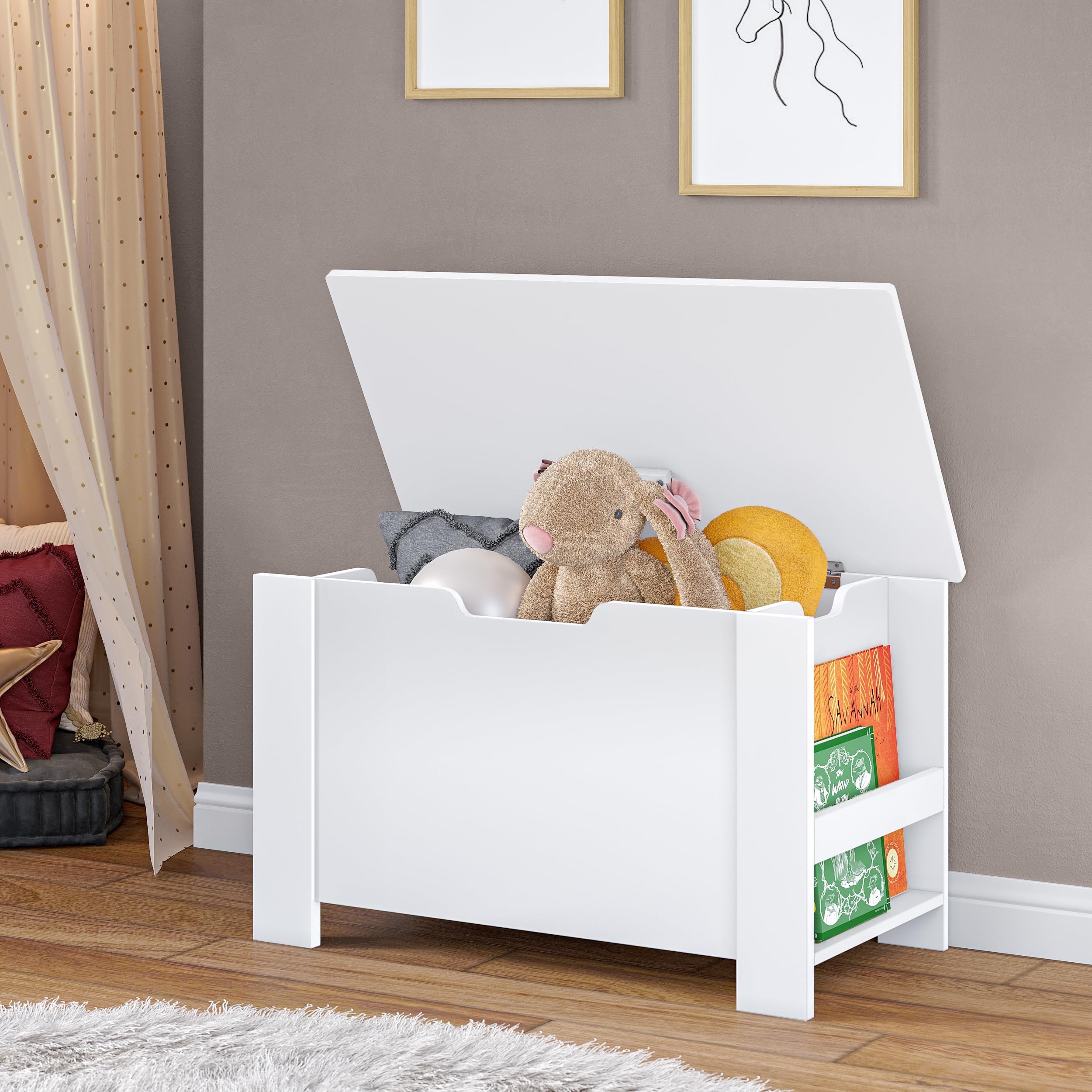 RiverRidge Modern White Kids Toy Box with Book Nook & Side Bookracks - Toy Organizer & Storage Solution for Children's Room - Perfect for Playroom, Bedroom, and Nursery Organization