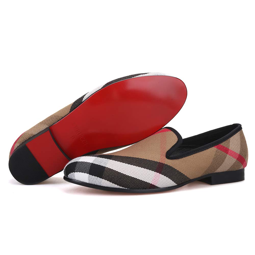 FERUCCI Men's Plaid Khaki Fabric Loafers - Comfortable Casual & Wedding Slippers for Indoor/Outdoor Wear - Perfect for Prom, Parties & Daily Use