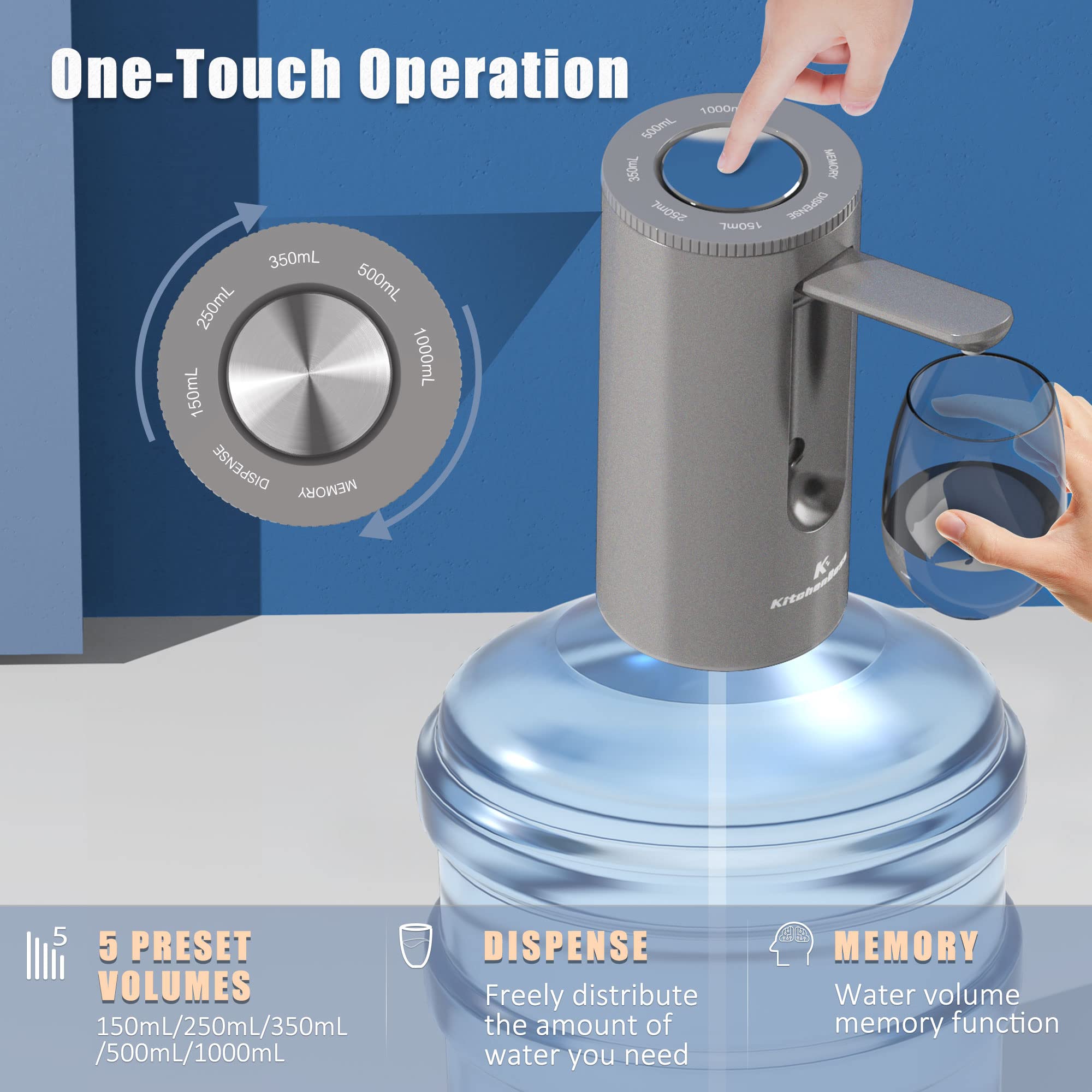Universal 5-Gallon Water Bottle Pump Dispenser - Electric USB Charging, Foldable & Portable for Home, Office, Camping - KitchenBoss Automatic Drinking Water Switch (Silver) - Perfect for Kitchen Counter, RV Trips, and Outdoor Adventures
