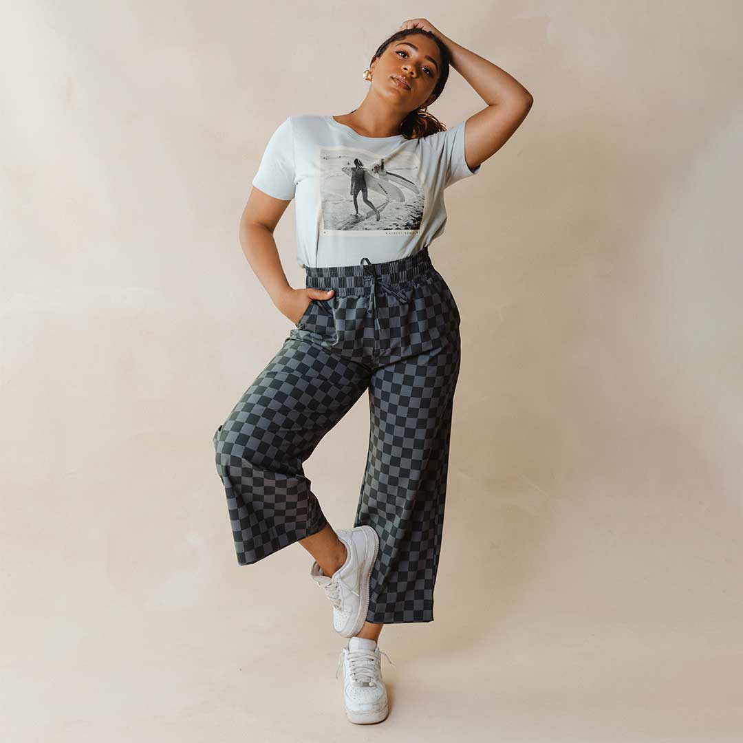 Audrey Wide Leg Pants for Women - Stylish Slate Checkered High Waist Trousers | Office Wear, Casual Outfits & Business Travel Essentials