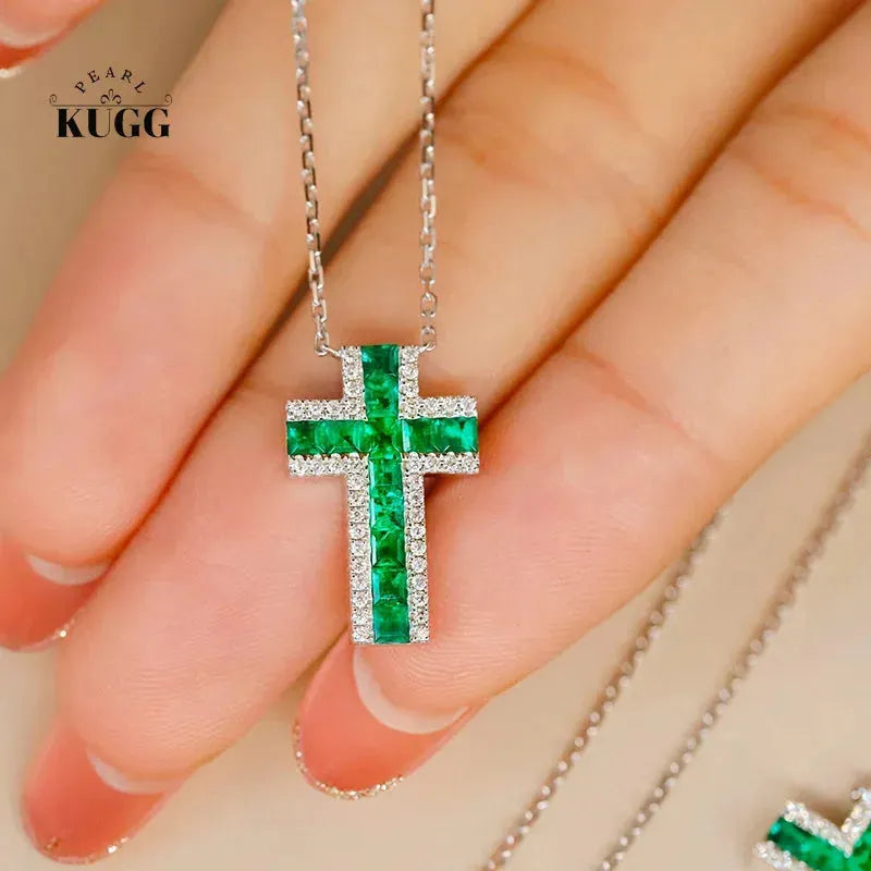 18K White Gold Cross Pendant Necklace with Real Natural Emerald & Diamonds for Women | Elegant Jewelry Gift for Birthday, Anniversary & Special Occasions