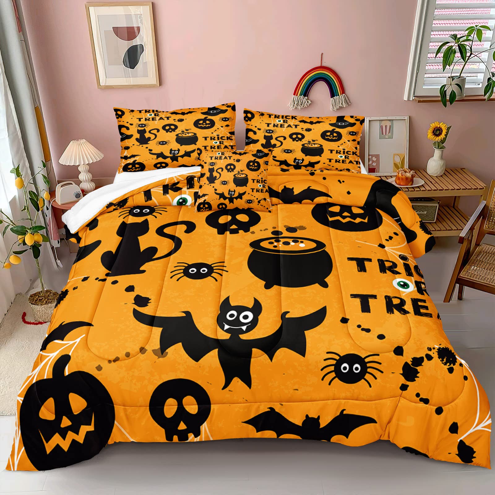Halloween Comforter Set Queen Size 4-Piece - Cartoon Pumpkin Ghost Bat Witch Hat Printed Orange Kids Bedding with Cushion Cover - Spooky Themed Bedroom Decor for Halloween Party & Seasonal Home Decoration