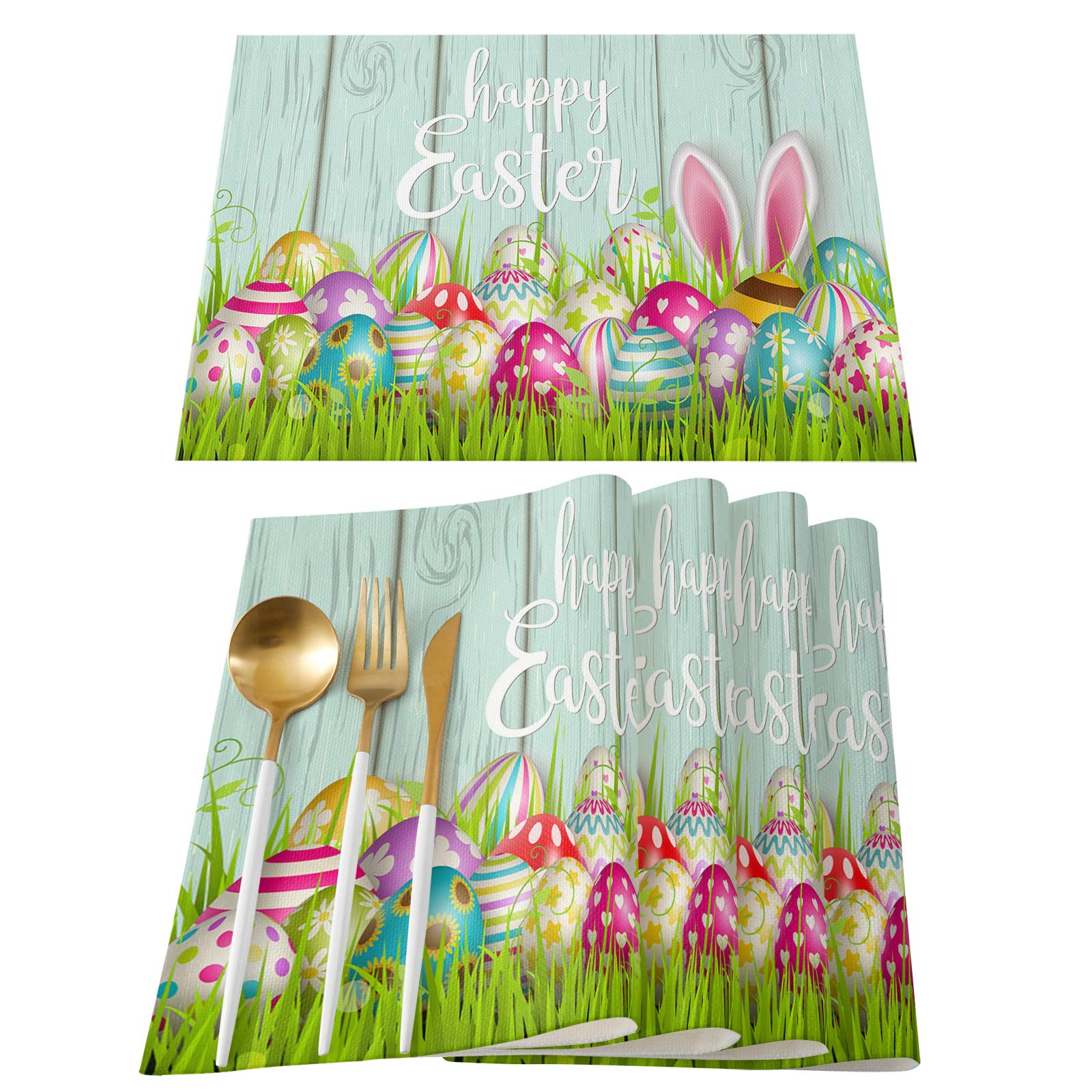 Easter Table Mats Set of 4 - Bunny Ears & Easter Eggs Design - Spring Holiday Cotton Linen Washable Placemats - Wood Grain & Grass Pattern for Dining Table Decor - Perfect for Easter Dinner, Spring Celebrations & Home Decoration