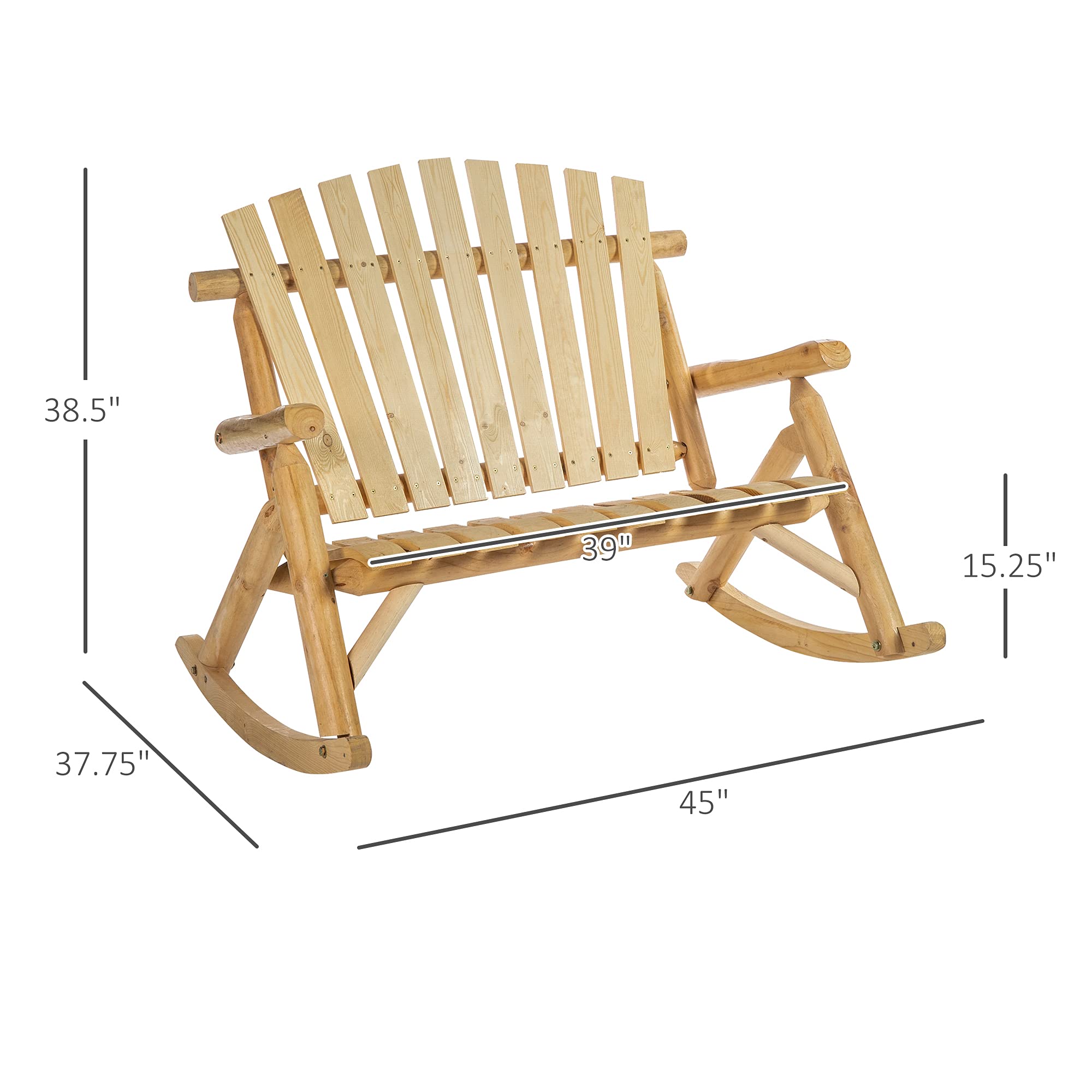 Outsunny Double-Person Wooden Adirondack Rocking Chair - Rustic High Back Patio Chair with Slatted Seat & Backrest - Perfect for Backyard, Garden, Porch & Indoor Relaxation - Great for Couples Lounging, Outdoor Entertaining & Cozy Reading Nooks